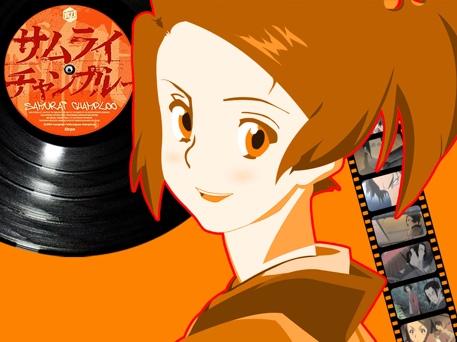 Samurai Champloo 桌布 壁紙 — 動漫角色棕色頭髮在橙色背景旁微笑，旁邊有黑膠唱片和膠片條。