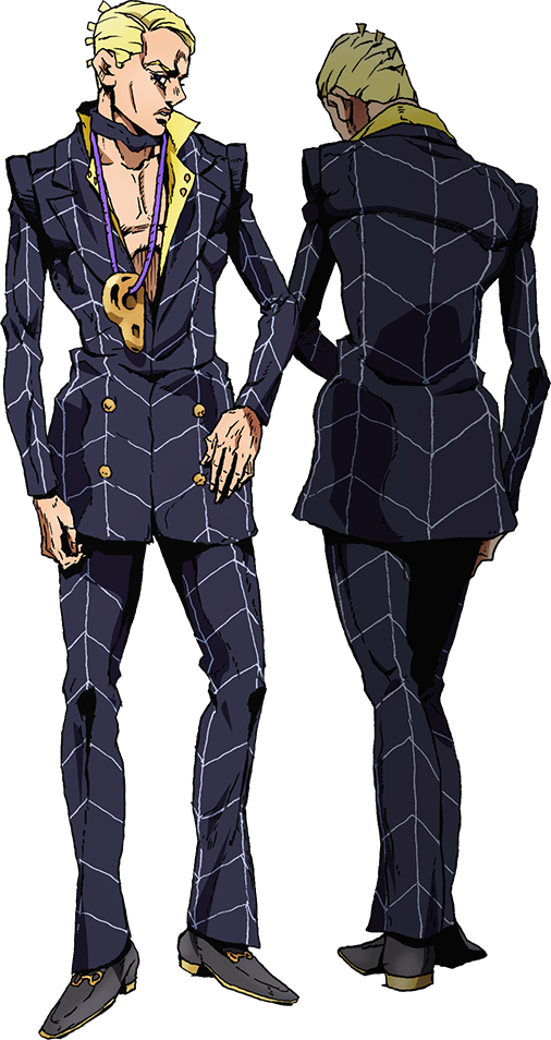Jojo 桌布 壁紙 — 動漫角色正面和背面展示，身穿深藍色格紋西裝，配金色鈕扣和黃色領口。
