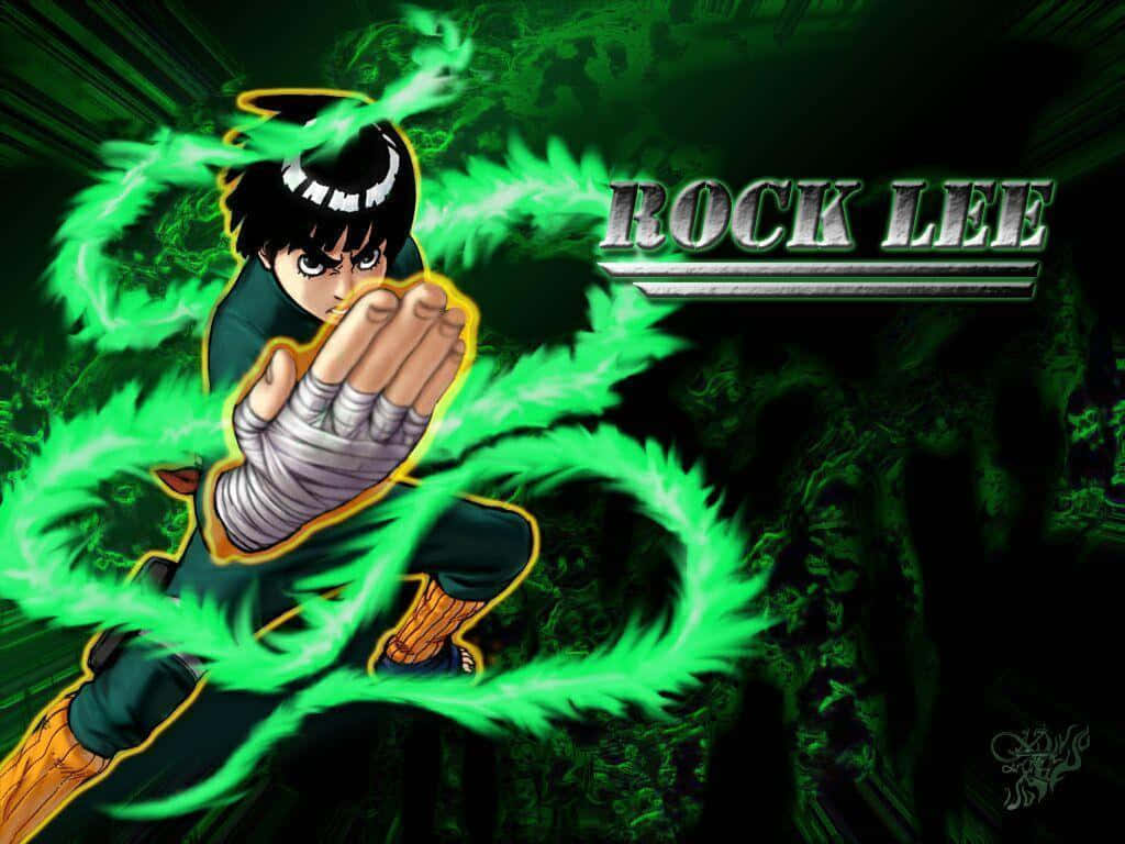 Naruto Green 桌布 壁紙 — 動漫角色洛克·李在深綠色背景下以動態武術姿勢引導充滿活力的綠色查克拉。