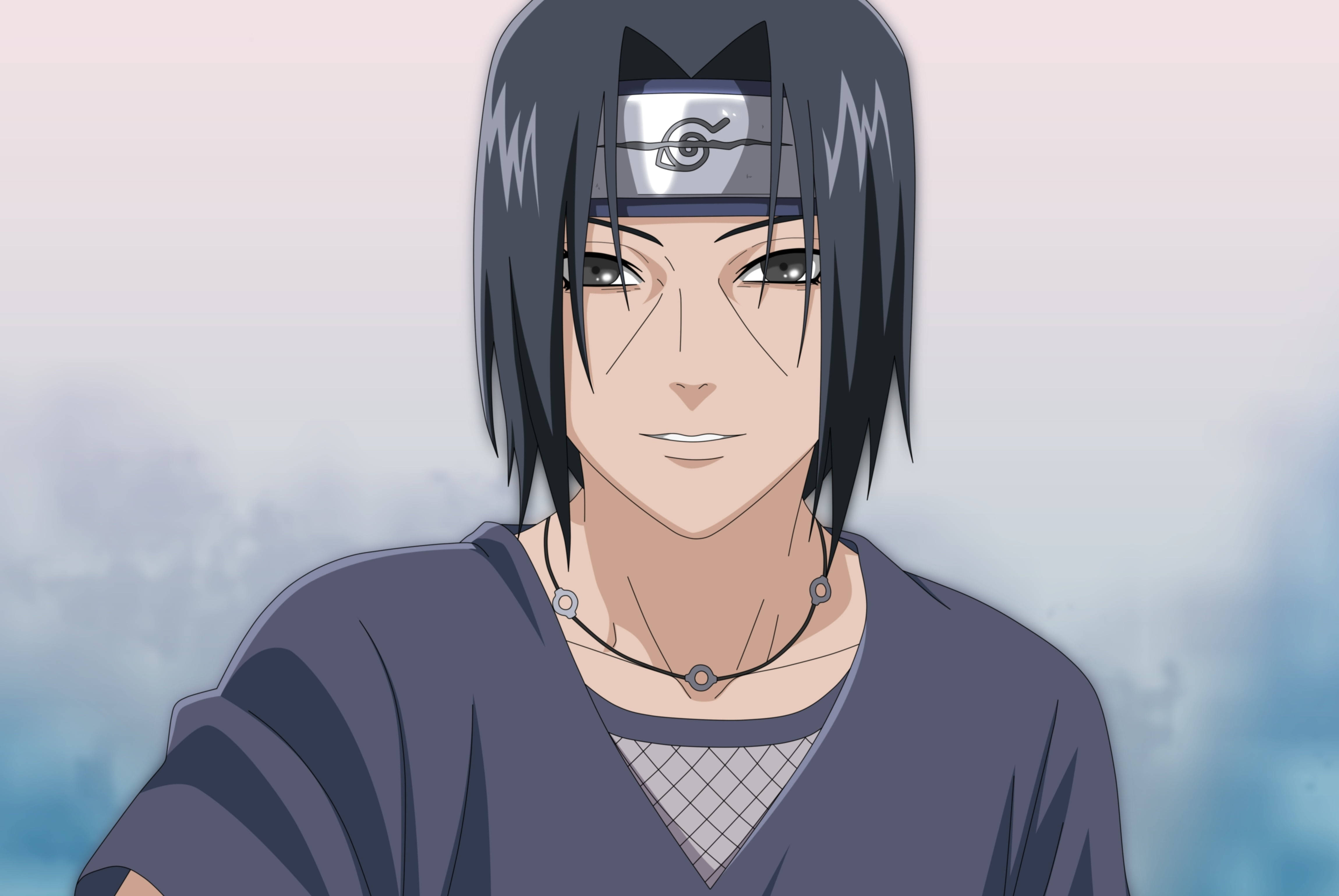 Itachi Cool 桌布 壁紙 — 動漫角色深色頭髮戴頭帶，在柔和漸變天空背景下平靜凝視。