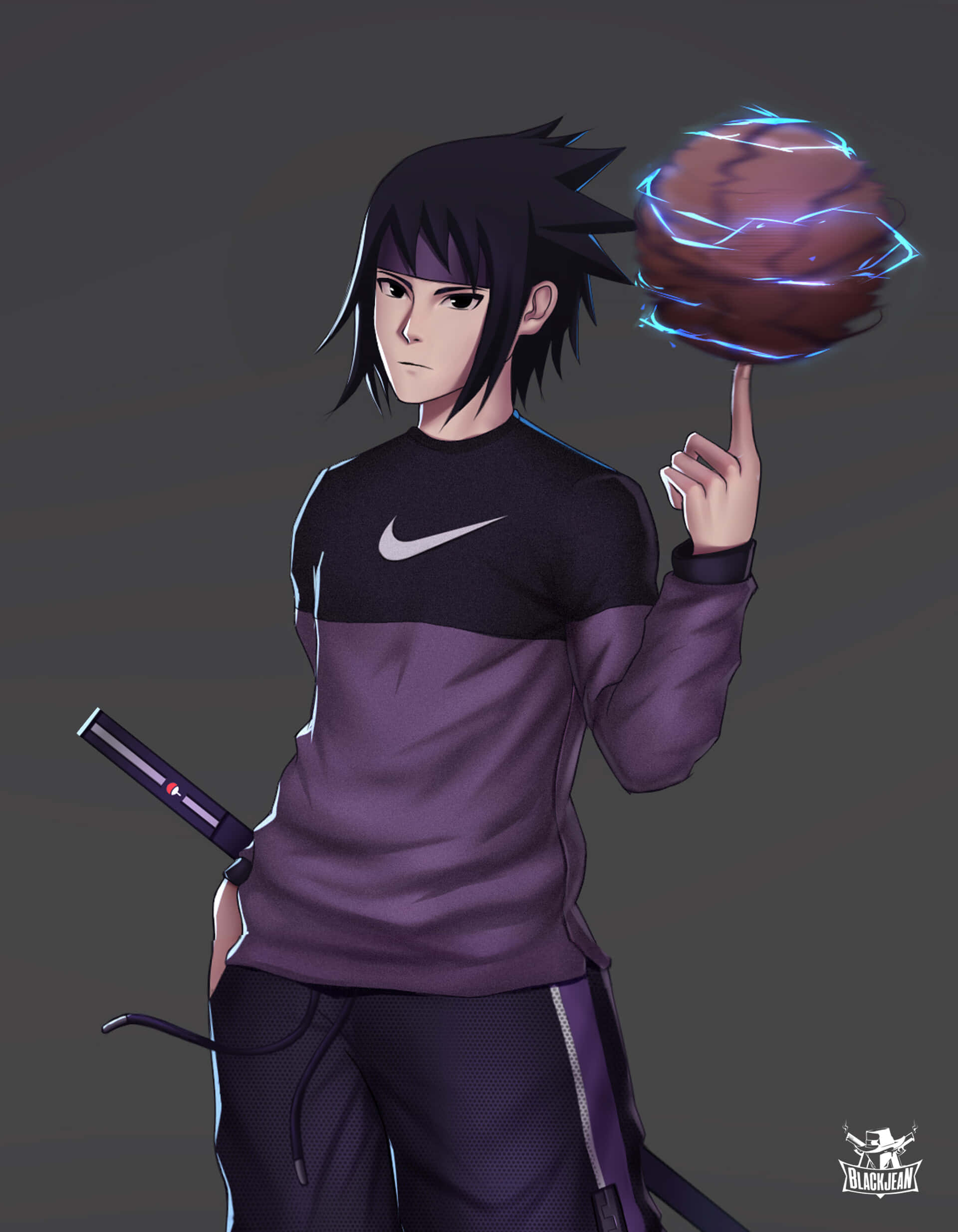Sasuke 桌布 壁紙 — 動漫角色深色頭髮紫色服裝，指尖平衡發光查克拉球，手持苦無。