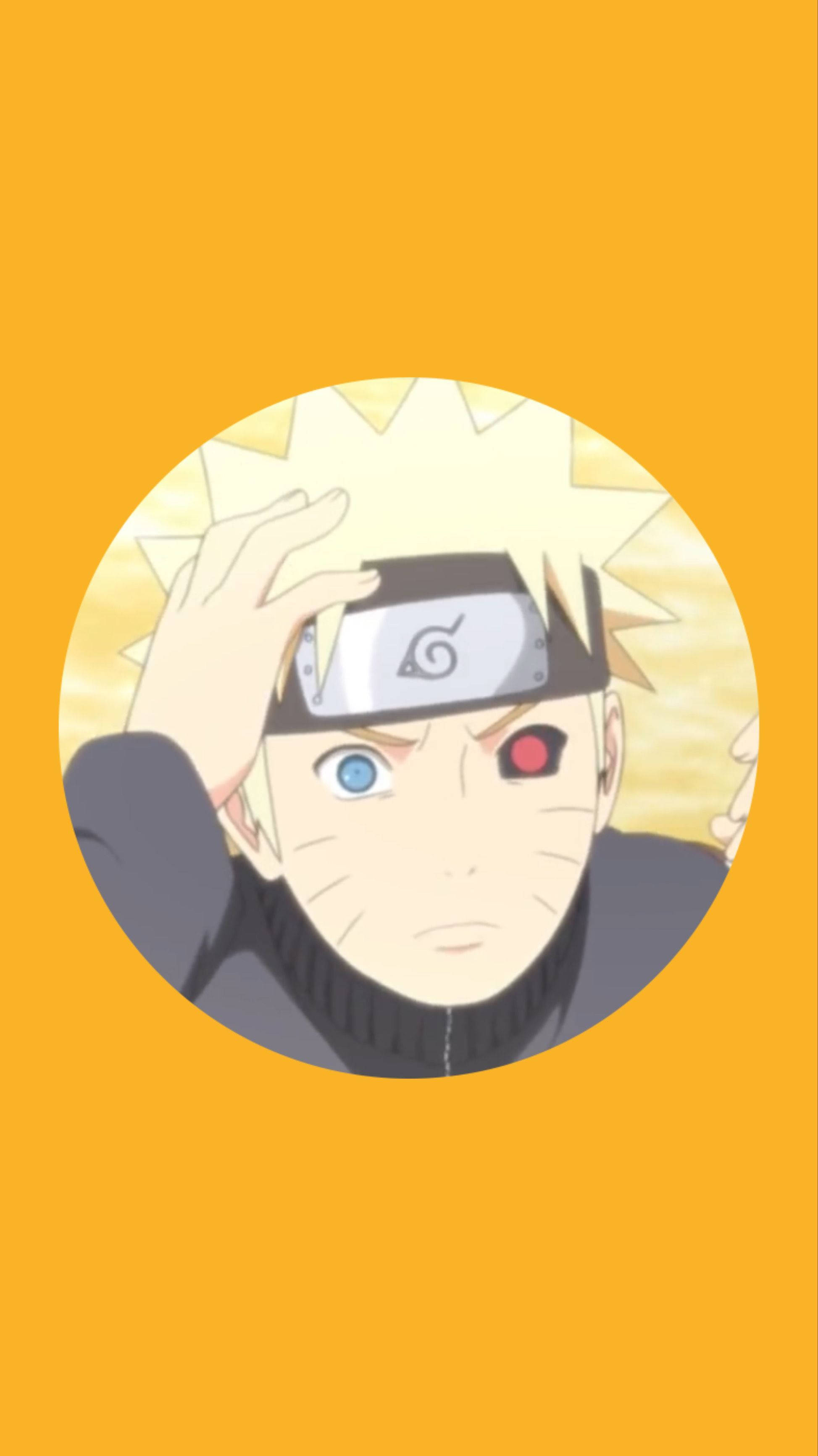 Naruto Anime 桌布 壁紙 — 動漫角色漩渦鳴人，一隻藍眼和一隻紅眼，在圓形框架內，背景為純橙色。