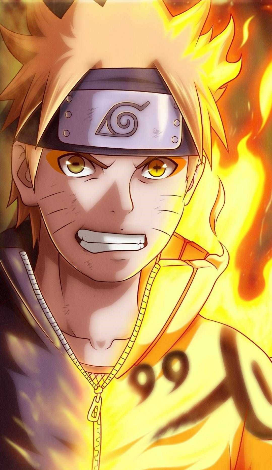 Yellow Naruto 桌布 壁紙 — 動漫角色漩渦鳴人，擁有尖刺金髮和發光的黃色眼睛，被熾熱的橙色火焰包圍。