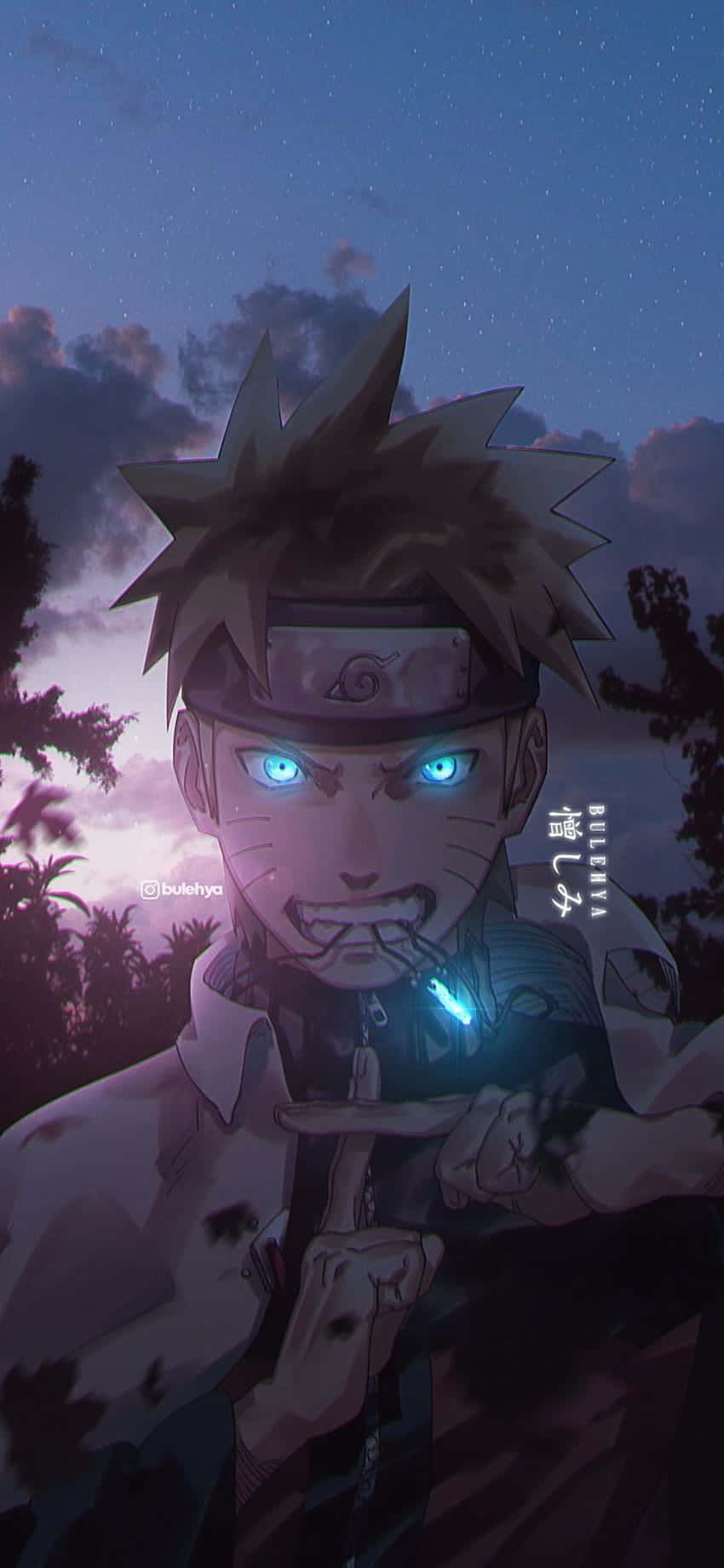 Naruto Aesthetic Phone 桌布 壁紙 — 動漫角色漩渦鳴人，擁有發光的藍色眼睛和鬍鬚印記，站在星空暮色中，有烏雲和樹木。