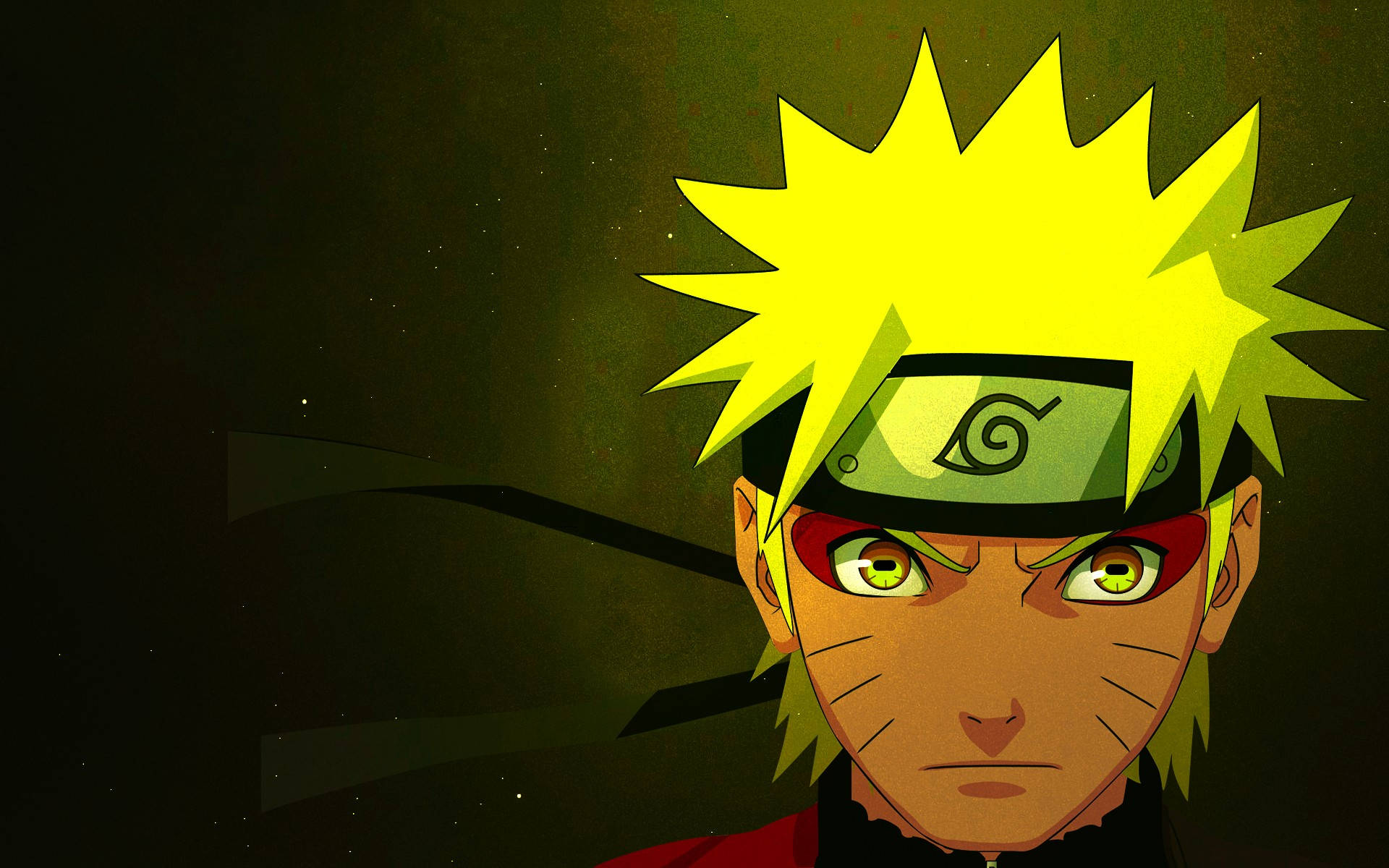 Yellow Naruto 桌布 壁紙 — 動漫角色漩渦鳴人，擁有黃色刺蝟頭和堅定的綠色眼睛，背景是黑暗的星空。