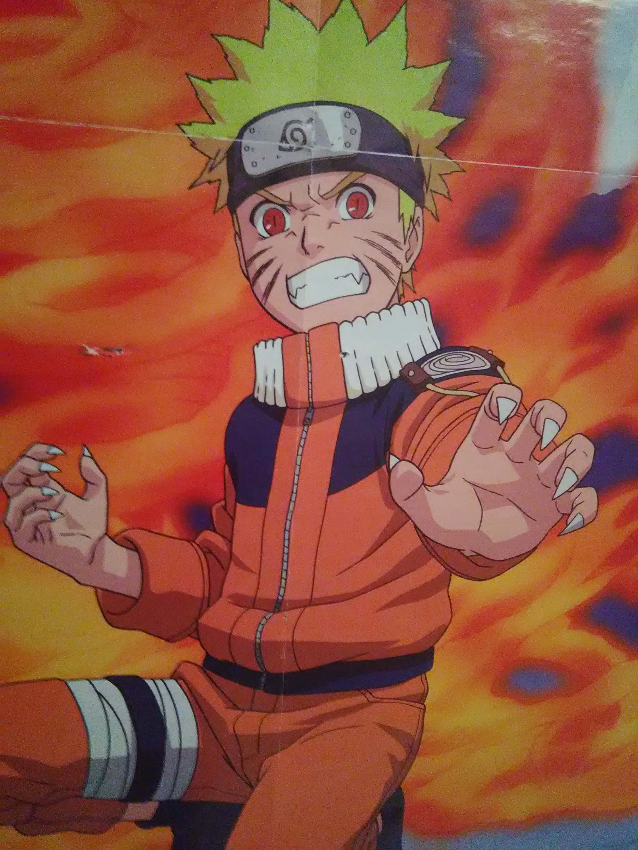 Naruto Fire 桌布 壁紙 — 動漫角色漩渦鳴人，身穿橙色連身衣，金色刺蝟頭，紅色眼睛，背景是熾熱的橙色和黃色。