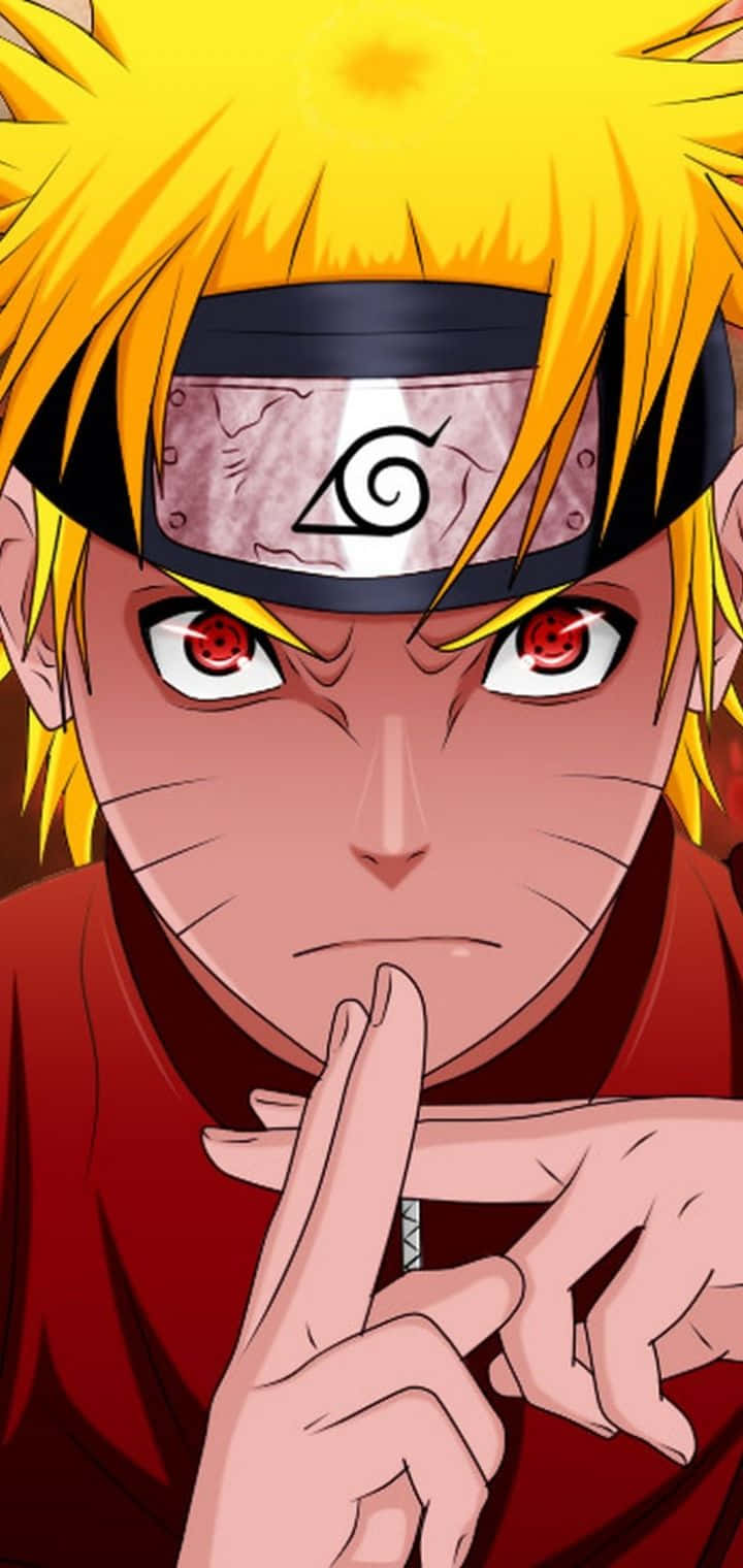 naruto edit 桌布 壁紙 — 動漫角色漩渦鳴人，金色刺蝟頭，紅色眼睛，做出噤聲手勢。