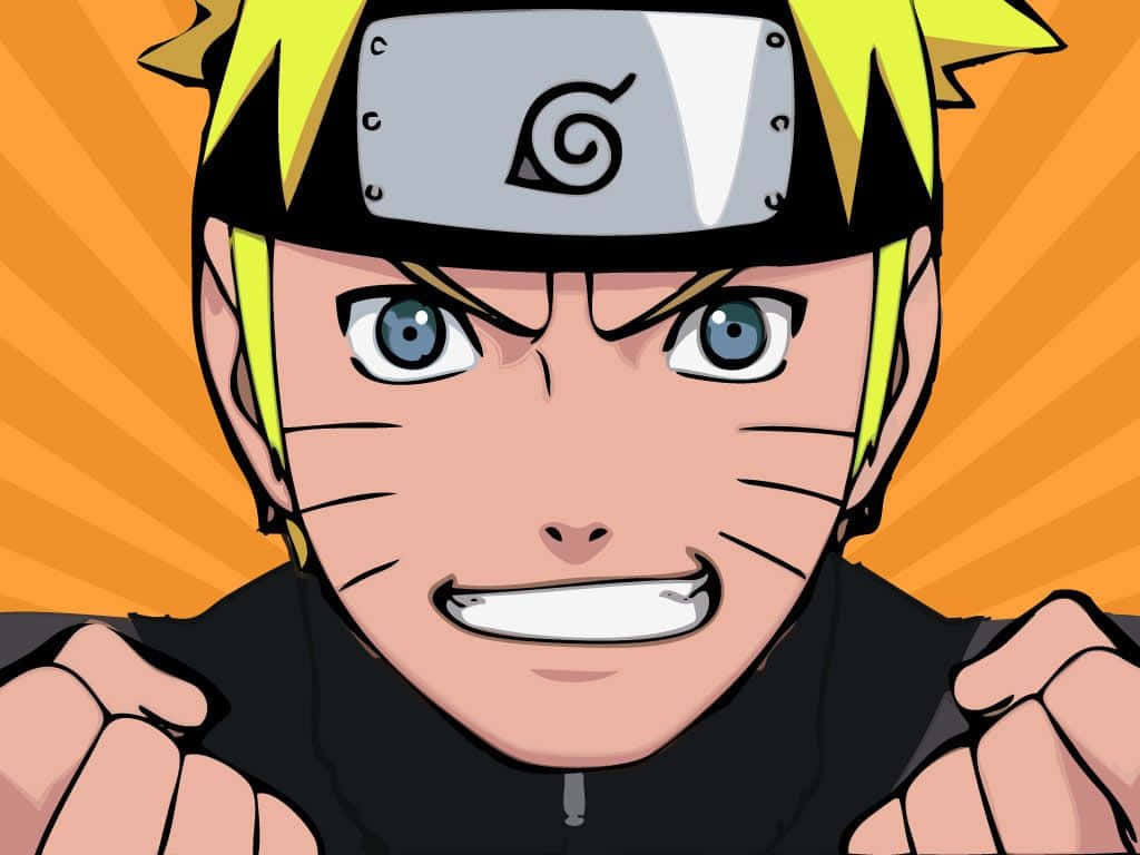 Naruto Aesthetic Computer 桌布 壁紙 — 動漫角色漩渦鳴人，金色刺蝟頭，表情堅定，背景為鮮豔的橙色。