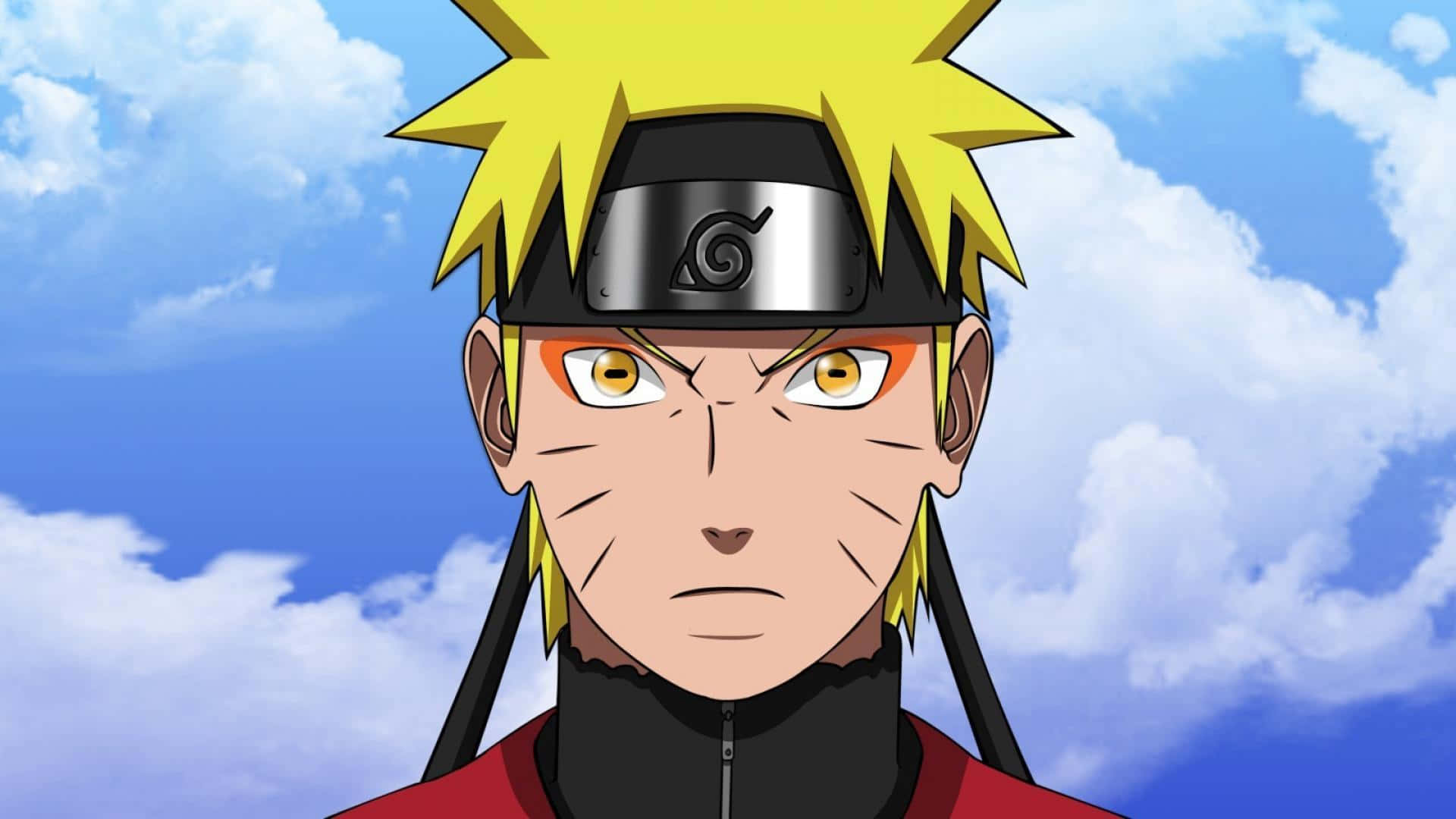 Naruto Sage Mode 桌布 壁紙 — 動漫角色漩渦鳴人，金色刺蝟頭，表情堅定，背景是明亮的藍天和蓬鬆的白雲。