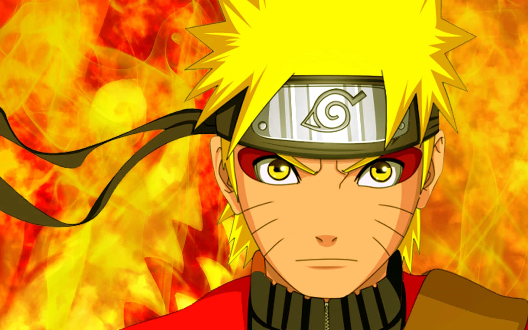 Naruto Sage Mode 桌布 壁紙 — 動漫角色漩渦鳴人，金色刺蝟頭和紅色眼睛，站在火橙色背景前。