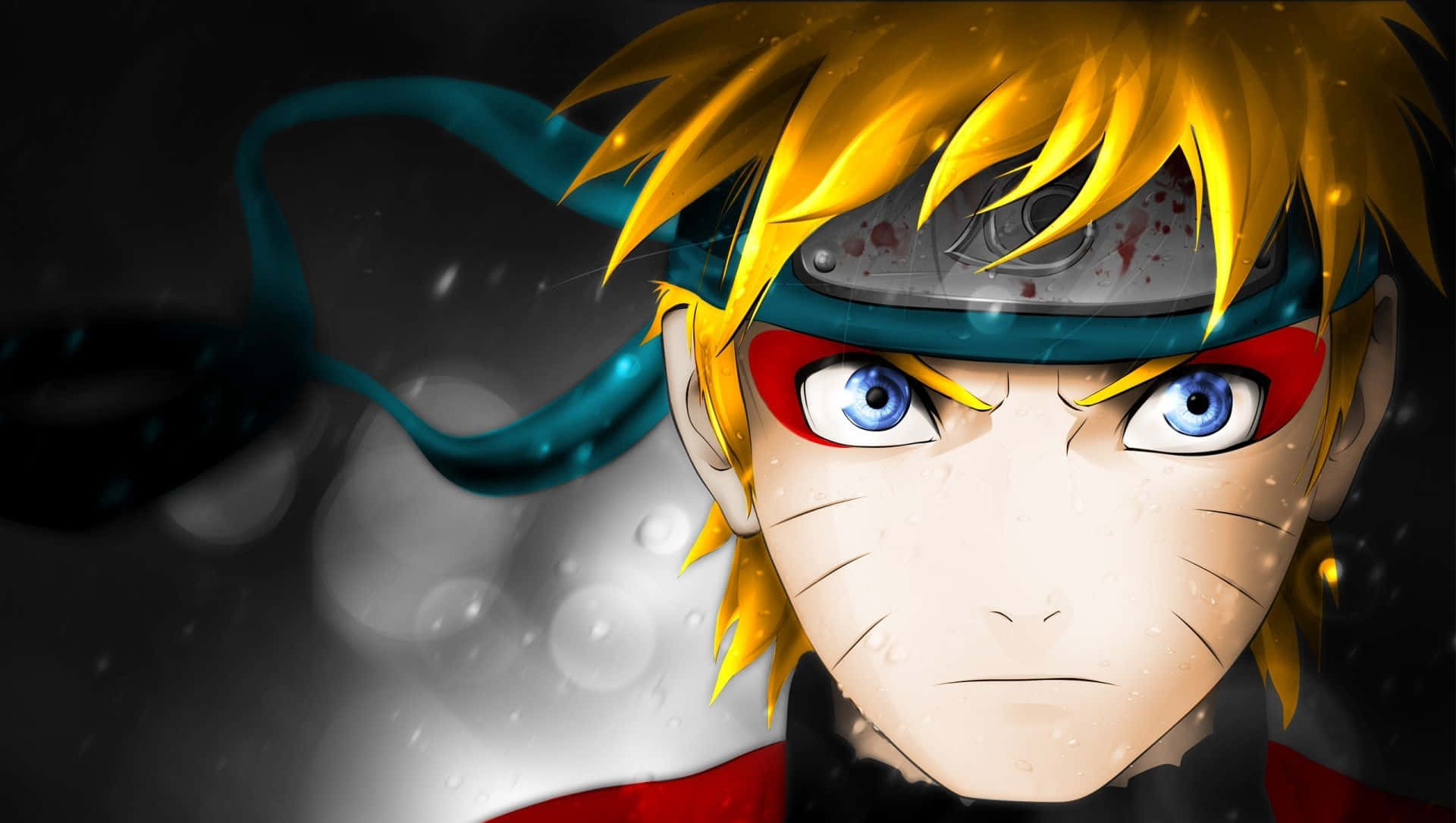 Naruto Anime 桌布 壁紙 — 動漫角色漩渦鳴人，金色刺蝟頭和藍色眼睛，在深色散景背景下凝視。