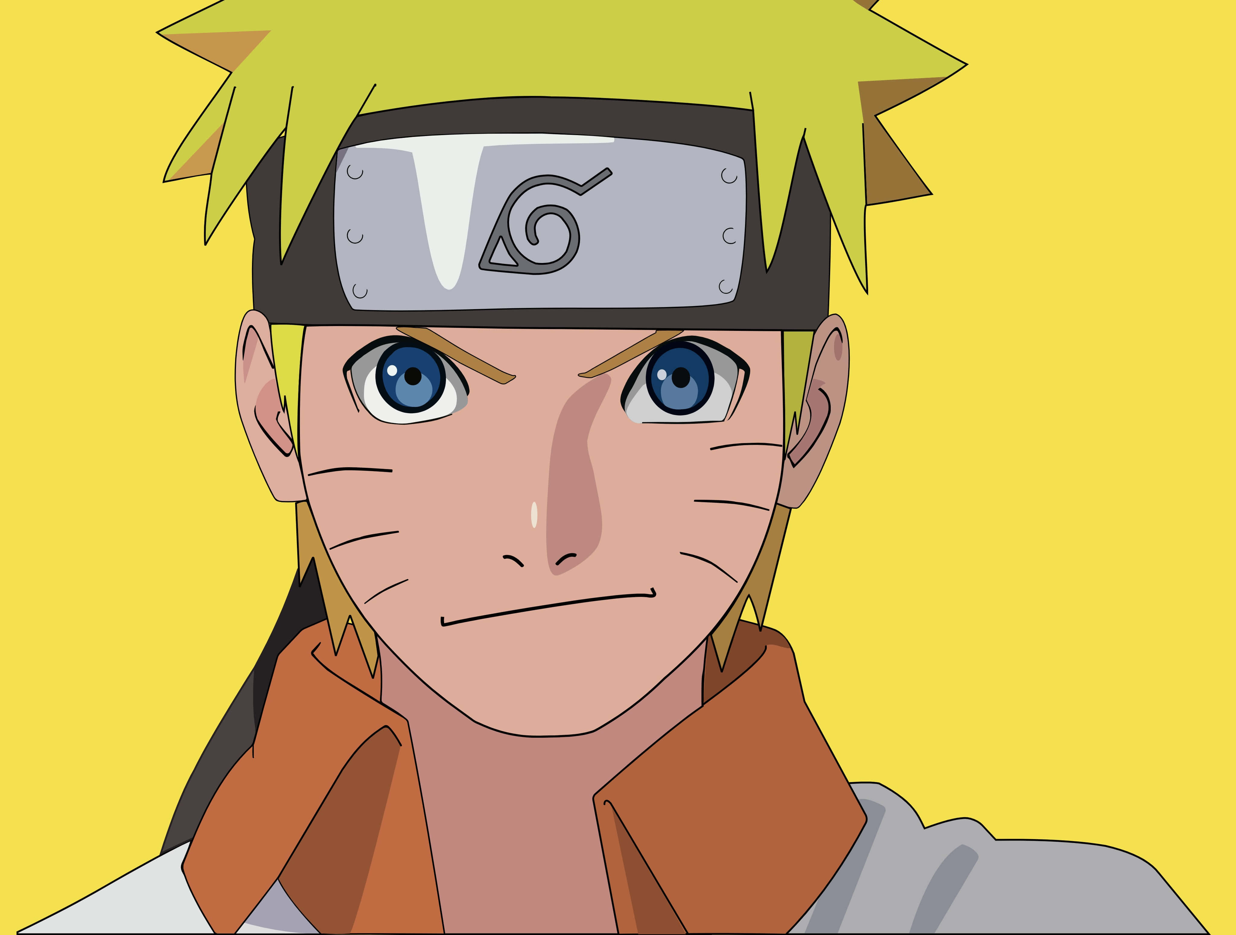 Naruto Anime 桌布 壁紙 — 動漫角色漩渦鳴人，金色刺蝟頭和藍色眼睛，在純黃色背景上凝視著。