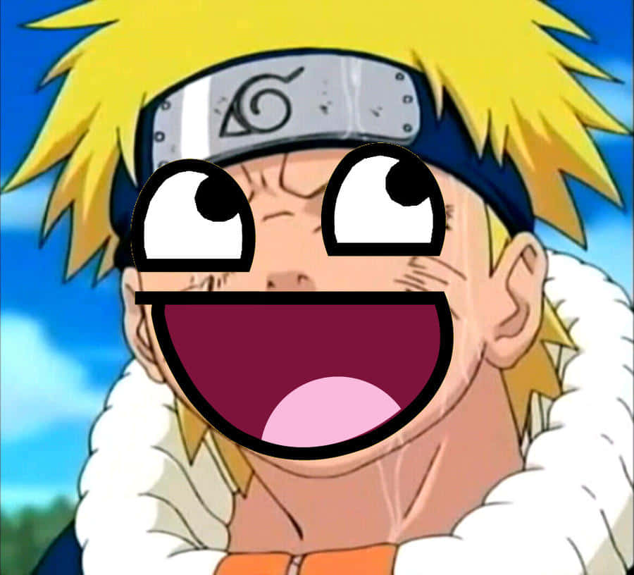Funny Naruto 桌布 壁紙 — 動漫角色漩渦鳴人，金色刺蝟頭和護額，在明亮的藍天下散發著歡樂的能量。