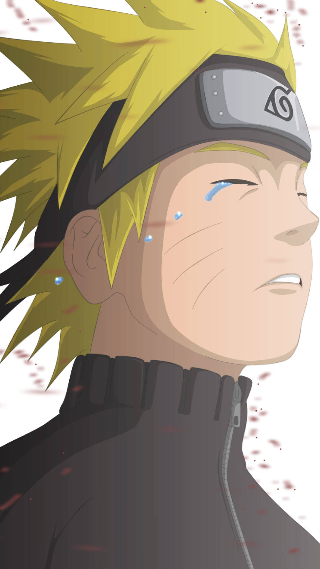 Sad Naruto 桌布 壁紙 — 動漫角色漩渦鳴人，金色刺蝟頭戴護額，身穿黑色外套，流下一滴眼淚。