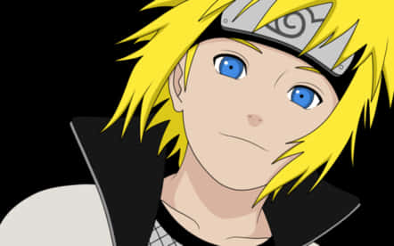 minato namikaze 桌布 壁紙 — 動漫角色漩渦鳴人，金色尖刺頭髮和藍色眼睛，戴著頭帶，背景為黑色。