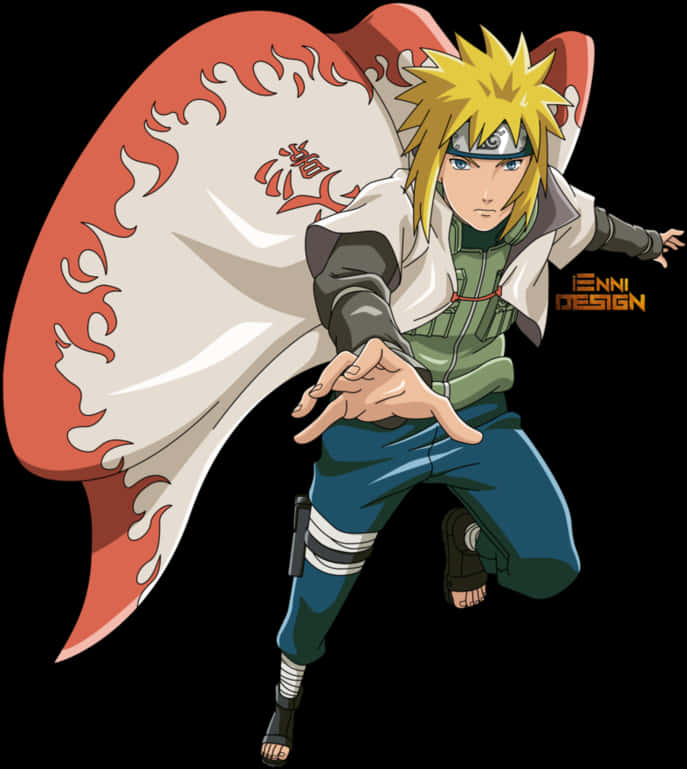 minato namikaze 桌布 壁紙 — 動漫角色漩渦鳴人以動態姿勢呈現，身穿紅色火焰圖案斗篷，背景為黑色。