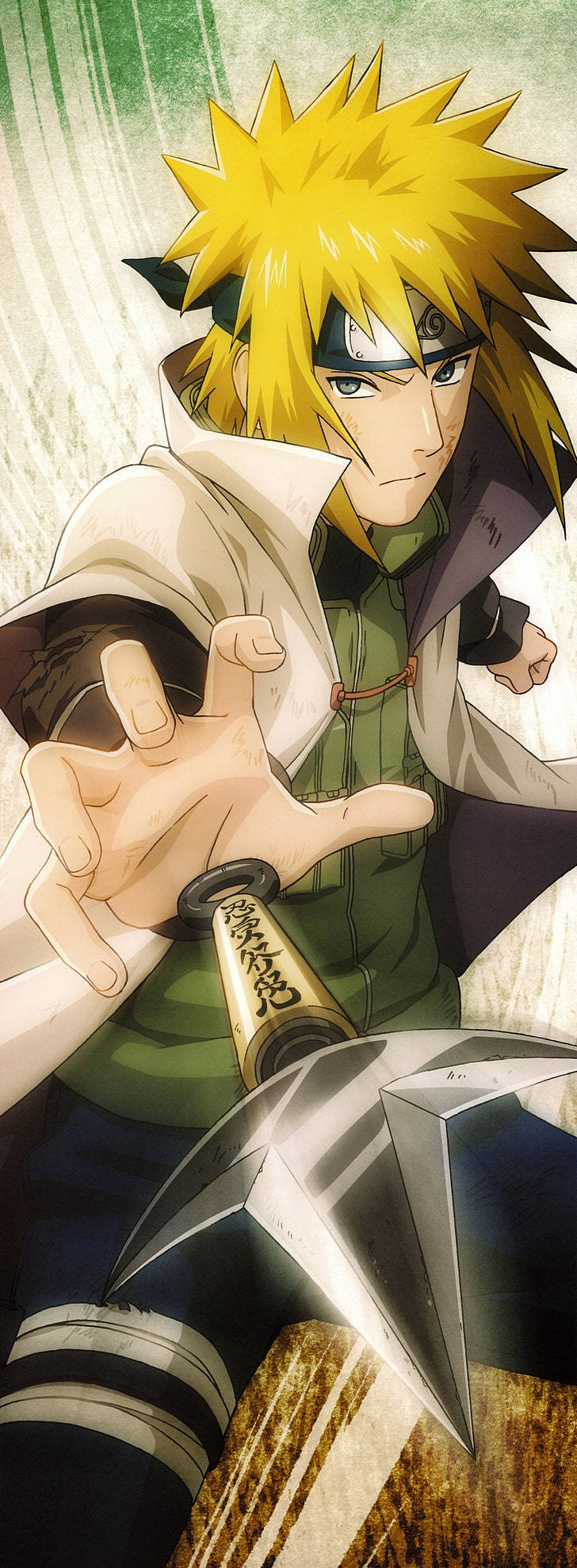 Yellow Naruto 桌布 壁紙 — 動漫角色漩渦鳴人以動態姿勢揮舞苦無，表情堅定，背景為動態模糊效果。
