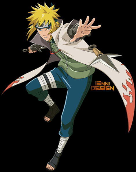 minato namikaze 桌布 壁紙 — 動漫角色漩渦鳴人以動態忍者姿勢，手持苦無，身披火焰圖案斗篷，背景為黑色。