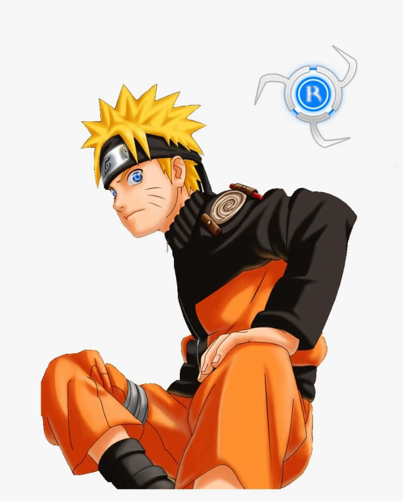 Naruto White 桌布 壁紙 — 動漫角色漩渦鳴人以盤腿姿勢坐著，身穿橙黑忍者服，表情堅定。