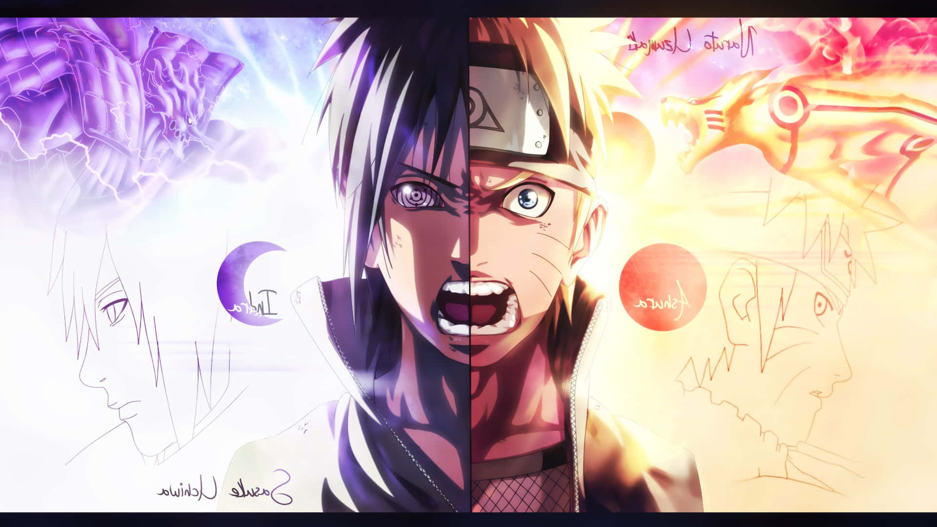 Rinnegan 桌布 壁紙 — 動漫角色漩渦鳴人分裂面孔，左側紫色查克拉，右側橙色狐靈。