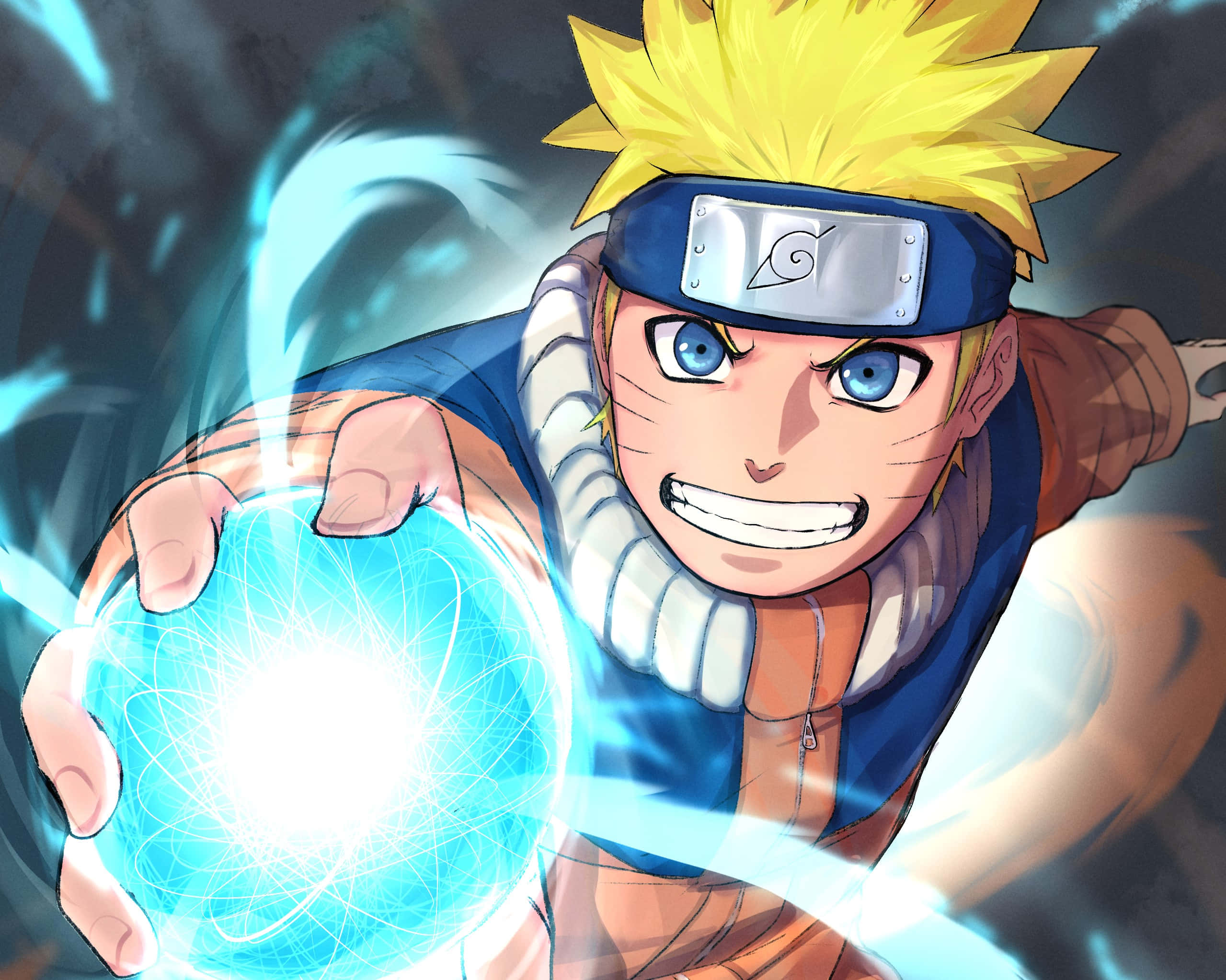 Naruto Anime 桌布 壁紙 — 動漫角色漩渦鳴人咧嘴大笑，同時以動感十足的動作姿勢凝聚發光的藍色查克拉球。