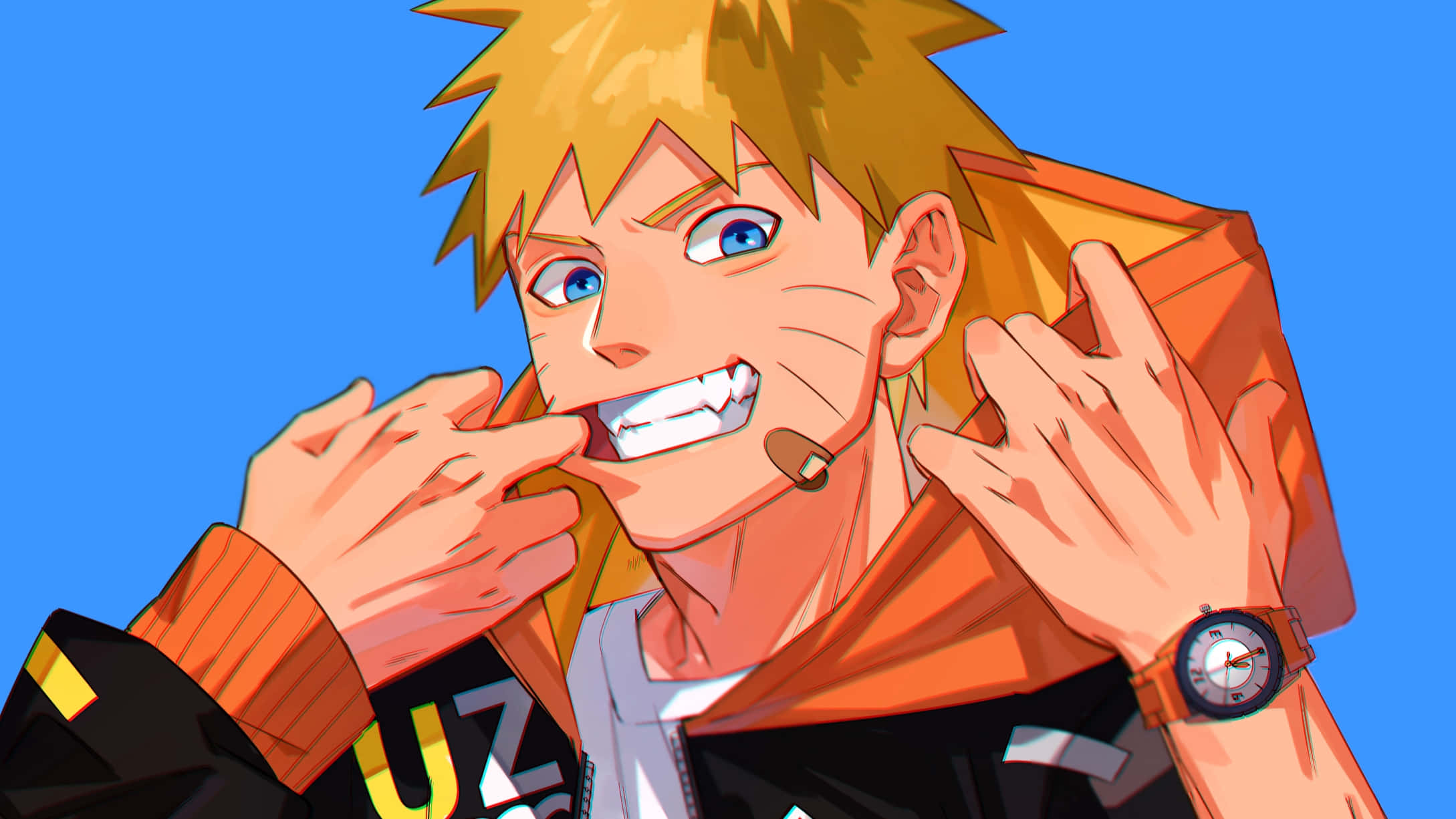 Naruto Anime 桌布 壁紙 — 動漫角色漩渦鳴人咧嘴大笑，雙手靠近臉部，背景為純藍色。