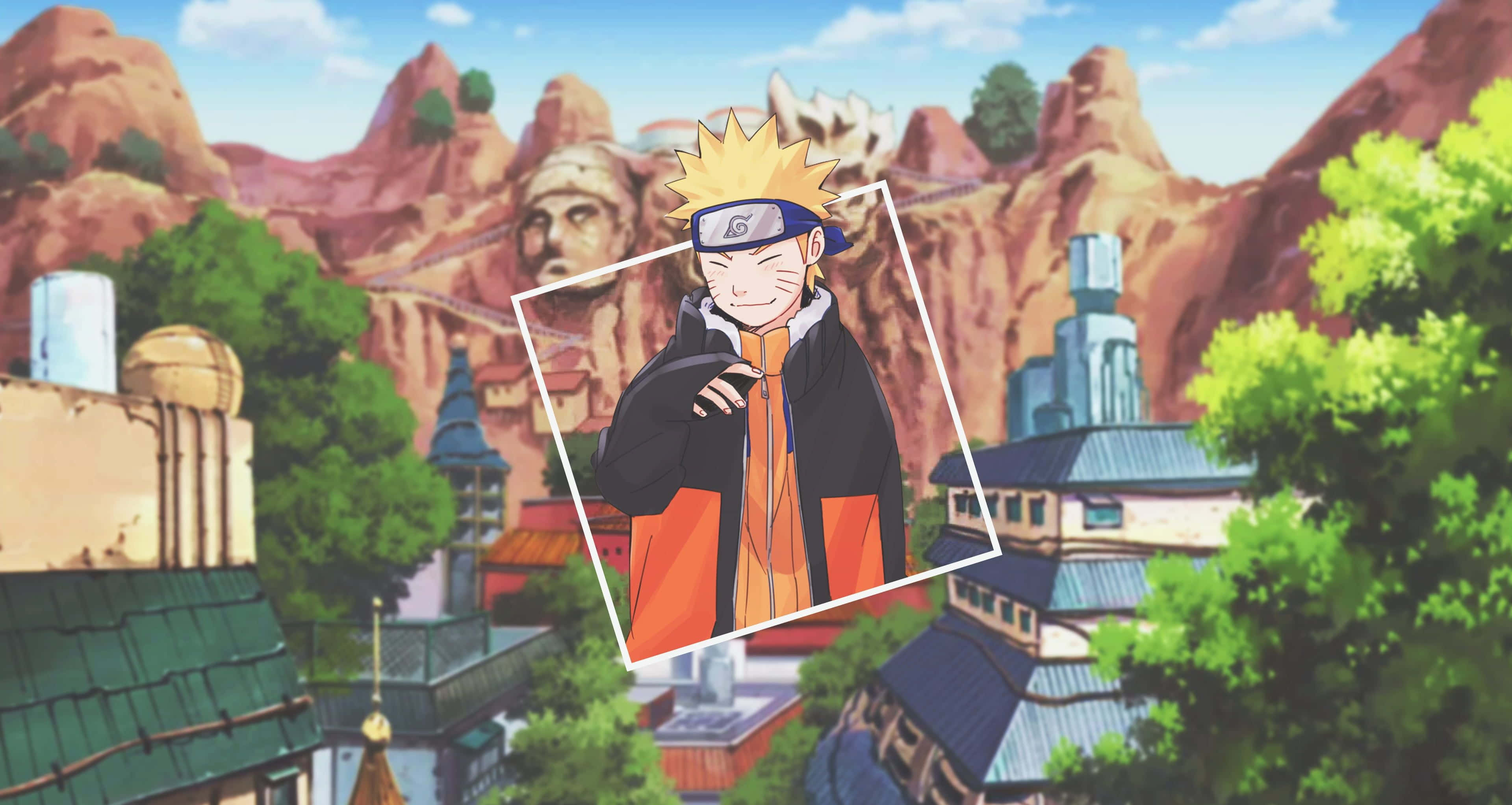 Naruto Alone 桌布 壁紙 — 動漫角色漩渦鳴人在一個岩石村莊前自信地微笑，村莊有巨大的石像和茂密的綠樹。
