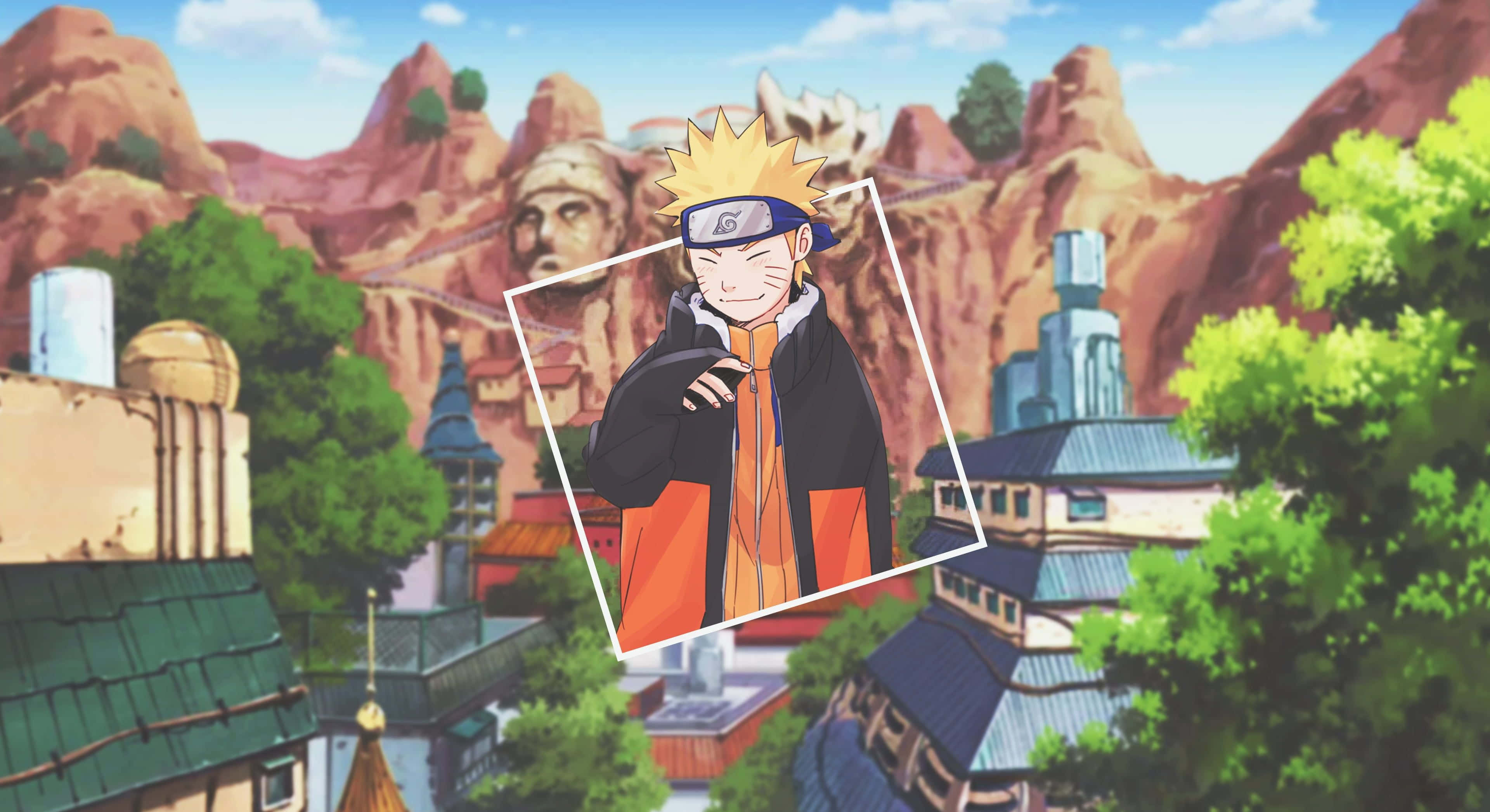 Naruto Anime 桌布 壁紙 — 動漫角色漩渦鳴人在岩石村莊前自信地微笑，村莊有巨大的石臉和茂密的綠樹。
