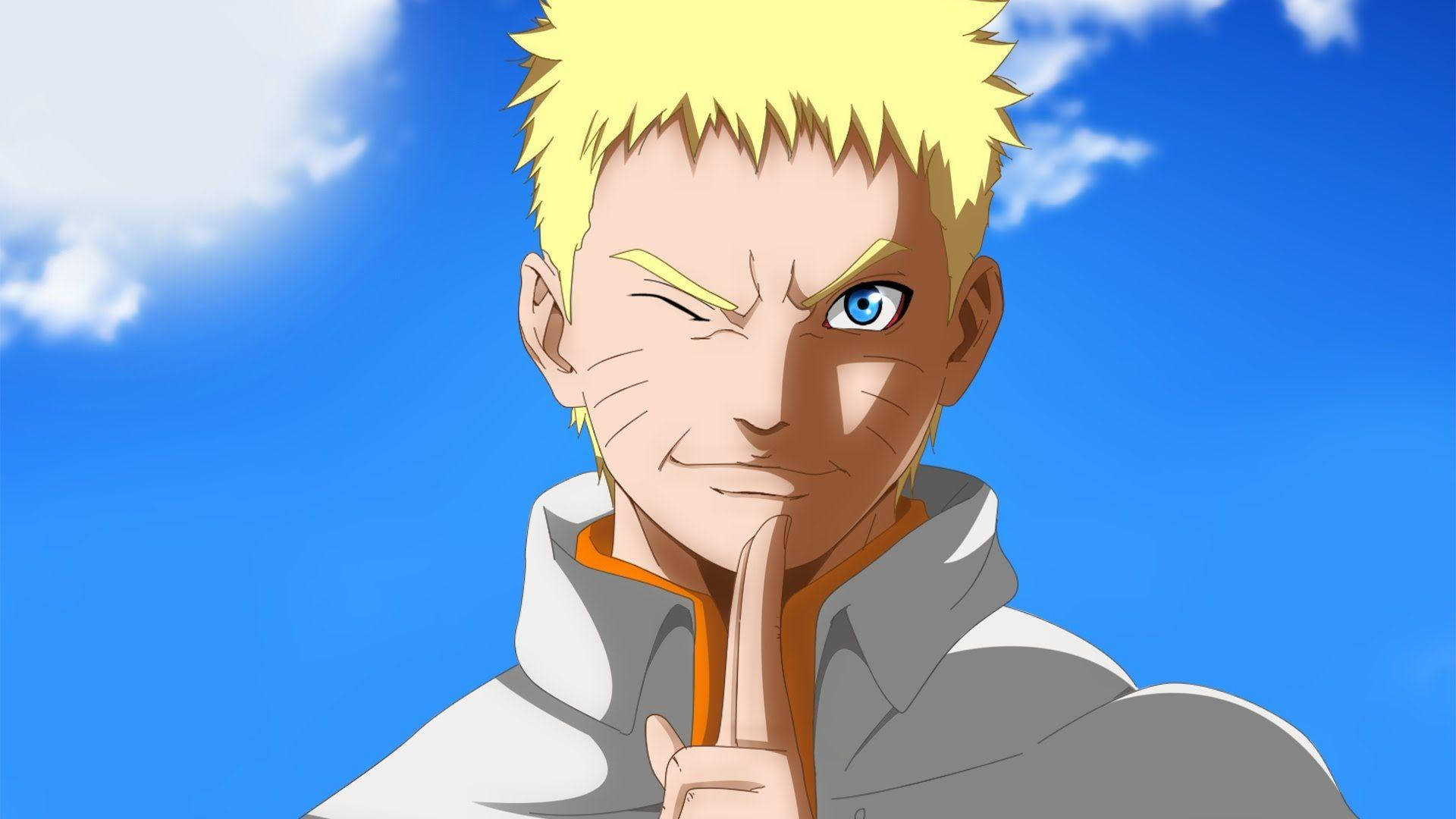Naruto Anime 桌布 壁紙 — 動漫角色漩渦鳴人在明亮的藍天白雲背景下眨眼並將手指放在嘴唇上。