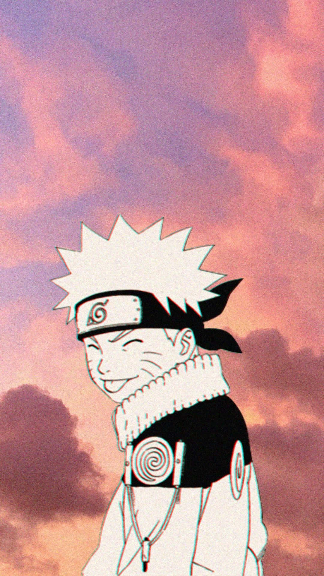 Naruto Aesthetic Phone 桌布 壁紙 — 動漫角色漩渦鳴人在柔和的粉紅色和紫色日落天空下微笑，天空中有蓬鬆的雲朵。