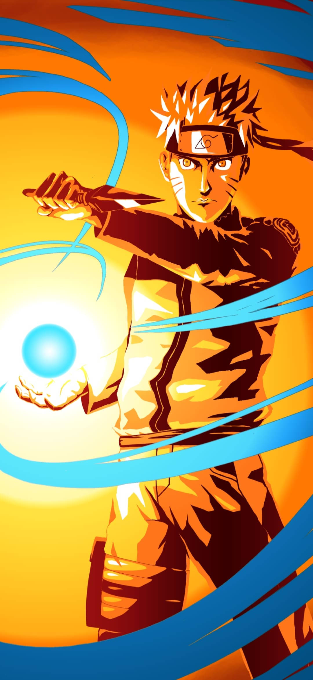 Yellow Naruto 桌布 壁紙 — 動漫角色漩渦鳴人在火熱的橙色背景下以動態姿勢引導藍色查克拉能量。