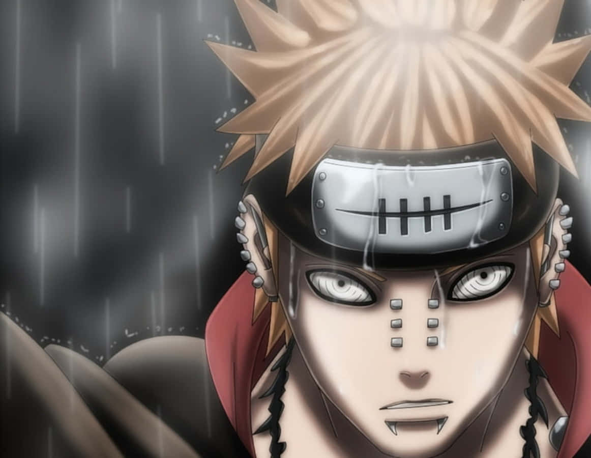 Pain Rinnegan 桌布 壁紙 — 動漫角色漩渦鳴人在雨中帶著刺蝟般的金髮和頭帶，凝視著。