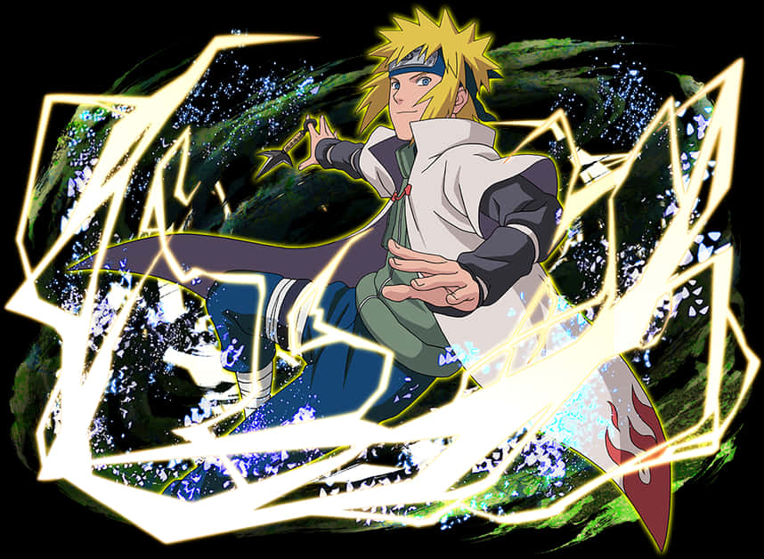 minato namikaze 桌布 壁紙 — 動漫角色漩渦鳴人在黑暗森林背景下釋放明亮的黃色查克拉，伴隨著動態的能量爆發。