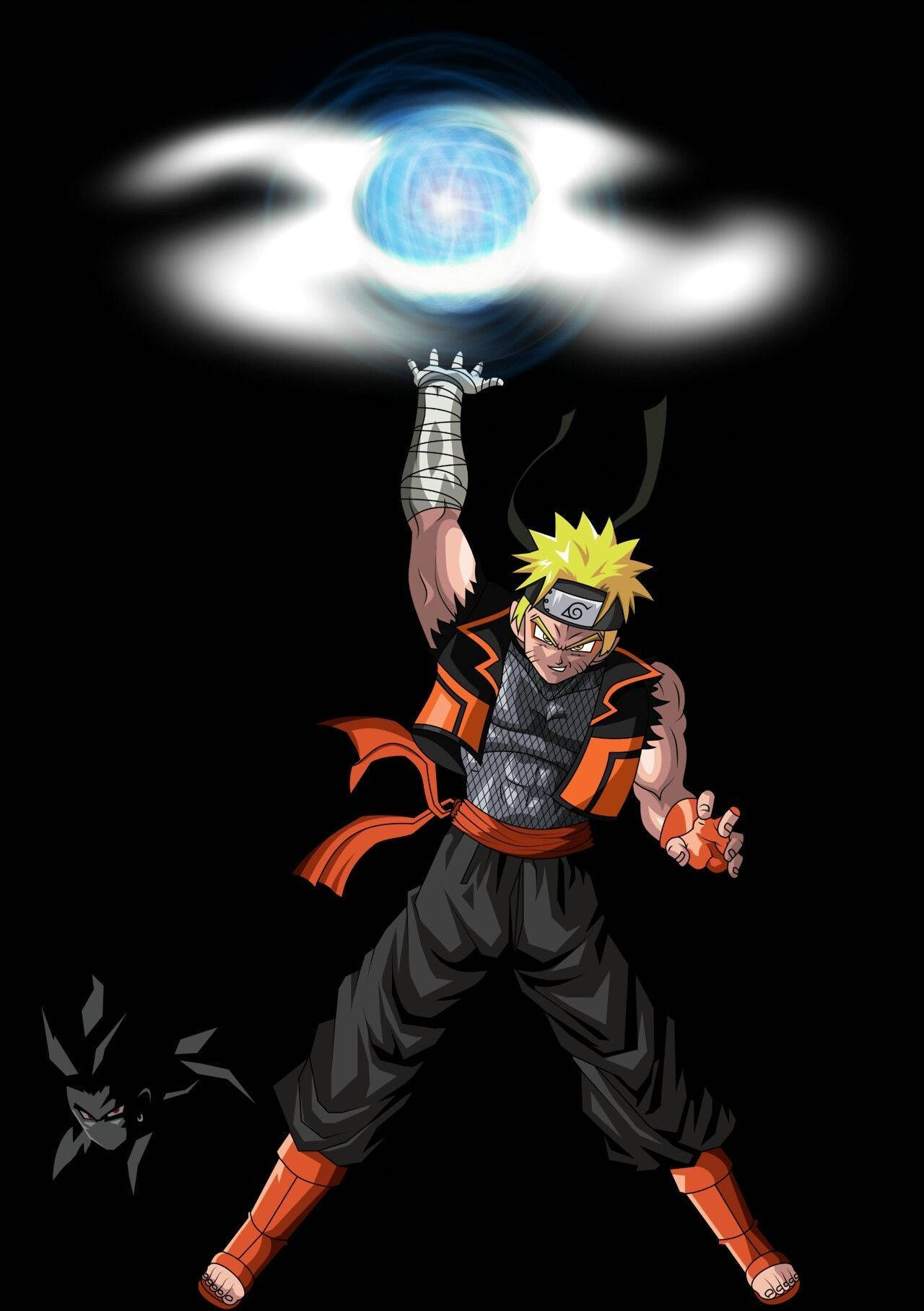 Naruto Gucci 桌布 壁紙 — 動漫角色漩渦鳴人在黑色背景上，頭頂上方凝聚發光的藍色螺旋丸，下方有一個陰影人物。
