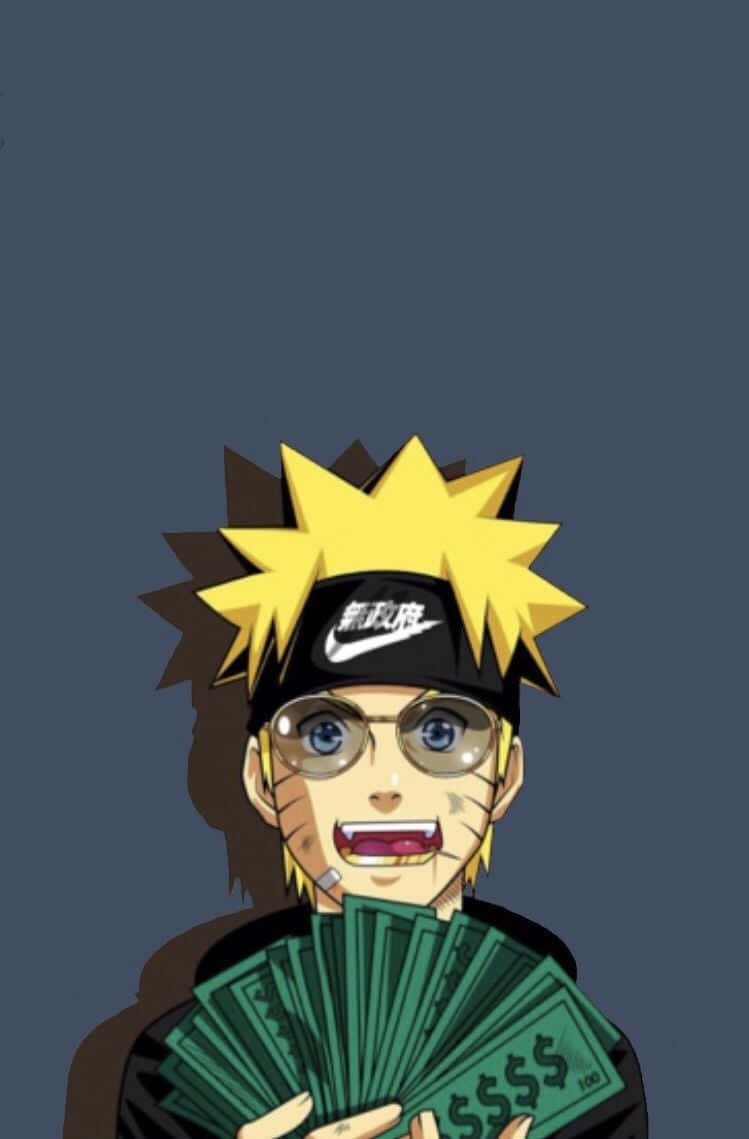 Anime Rapper 桌布 壁紙 — 動漫角色漩渦鳴人戴著眼鏡和Nike帽子，在深灰色背景前拿著扇狀展開的綠色美元鈔票。