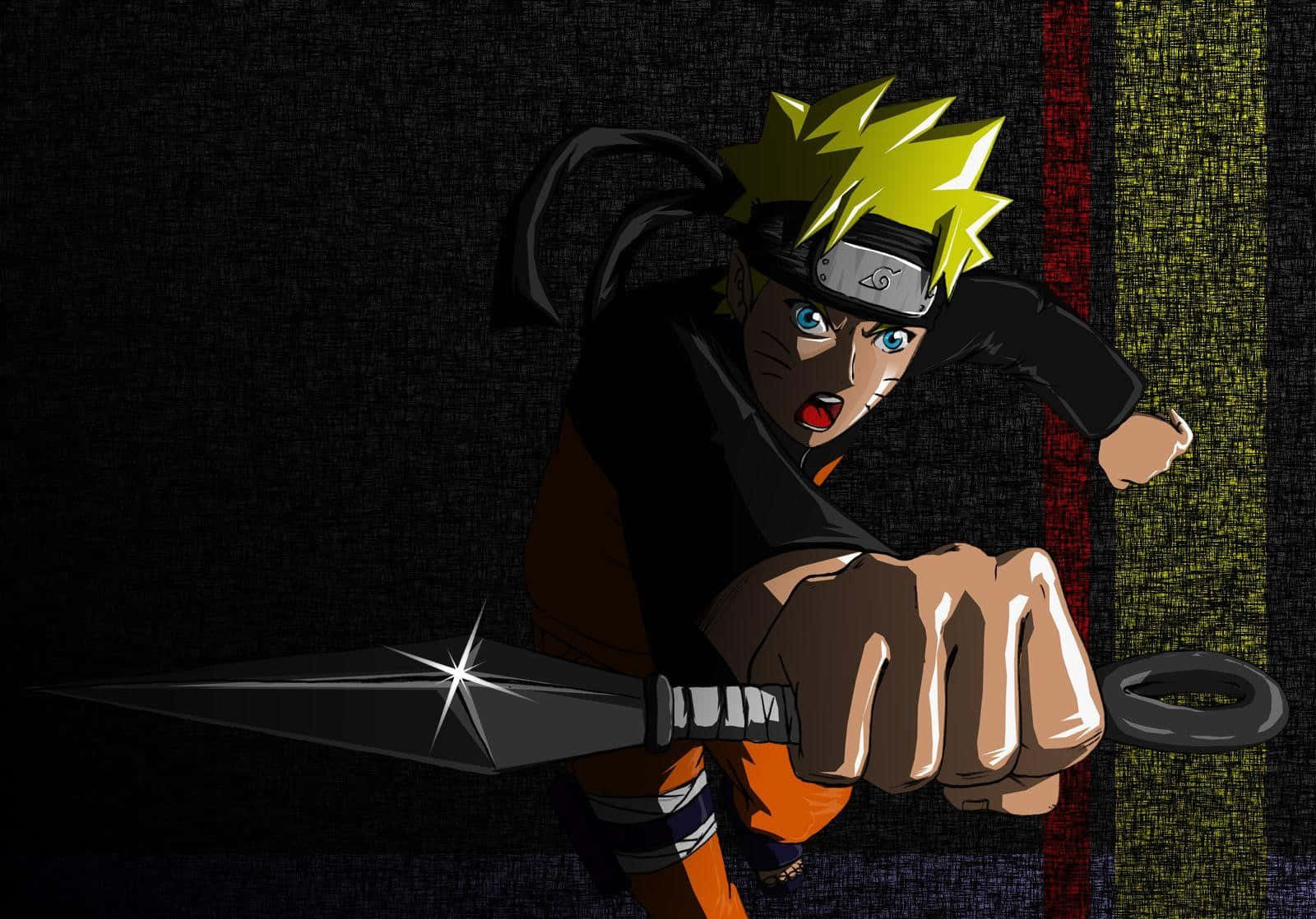 Naruto Manga 桌布 壁紙 — 動漫角色漩渦鳴人手持苦無刀，以動態動作姿勢向前衝刺，背景為深色紋理。