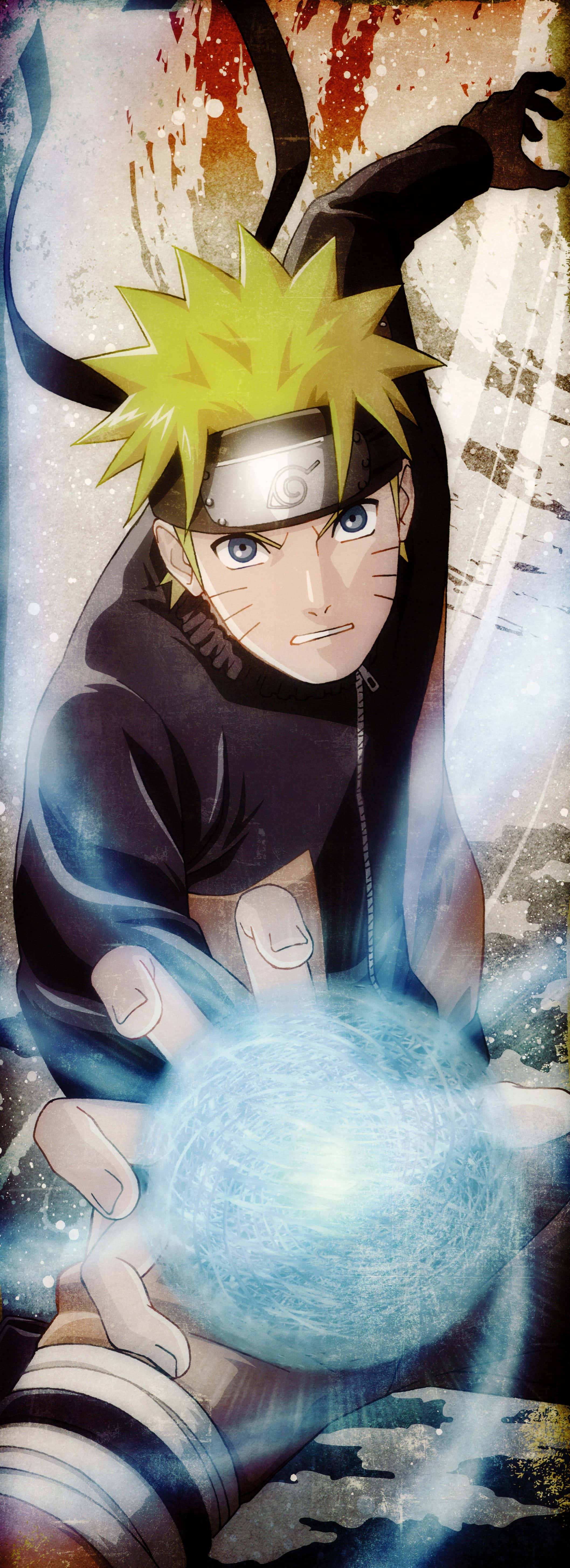 Naruto Rasengan 桌布 壁紙 — 動漫角色漩渦鳴人正集中精神，在潑濺抽象背景前引導發光的藍色查克拉球。