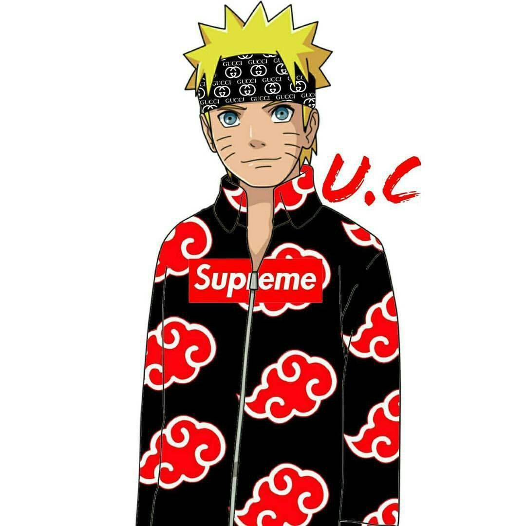 Naruto Supreme 桌布 壁紙 — 動漫角色漩渦鳴人穿著一件帶有紅色雲紋和Supreme標誌的黑色外套，背景為純白色。