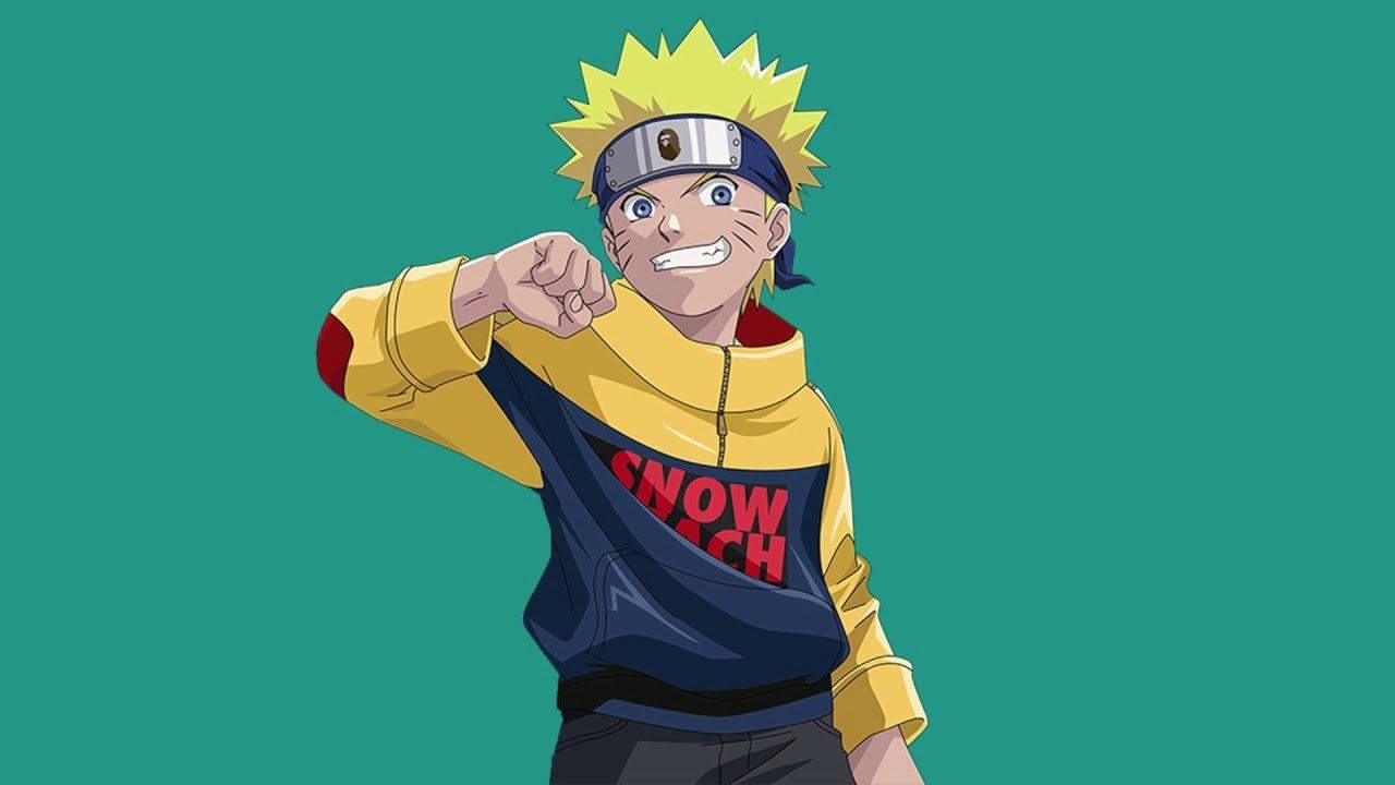 Naruto Gucci 桌布 壁紙 — 動漫角色漩渦鳴人穿著帶有紅色文字的黃色連帽衫，在純青色背景前向前出拳。