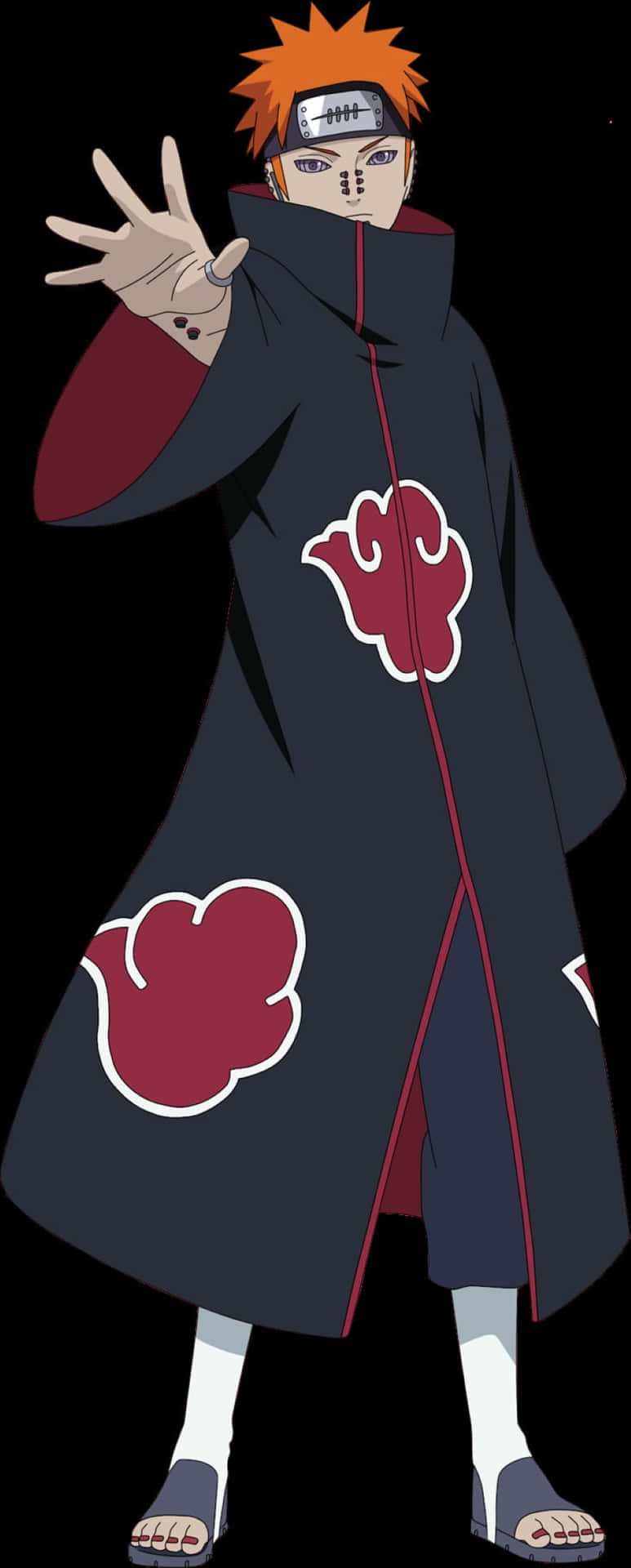Akatsuki Poster 桌布 壁紙 — 動漫角色漩渦鳴人穿著帶有紅色雲朵的曉組織斗篷，橙色尖刺頭髮，黑色背景。