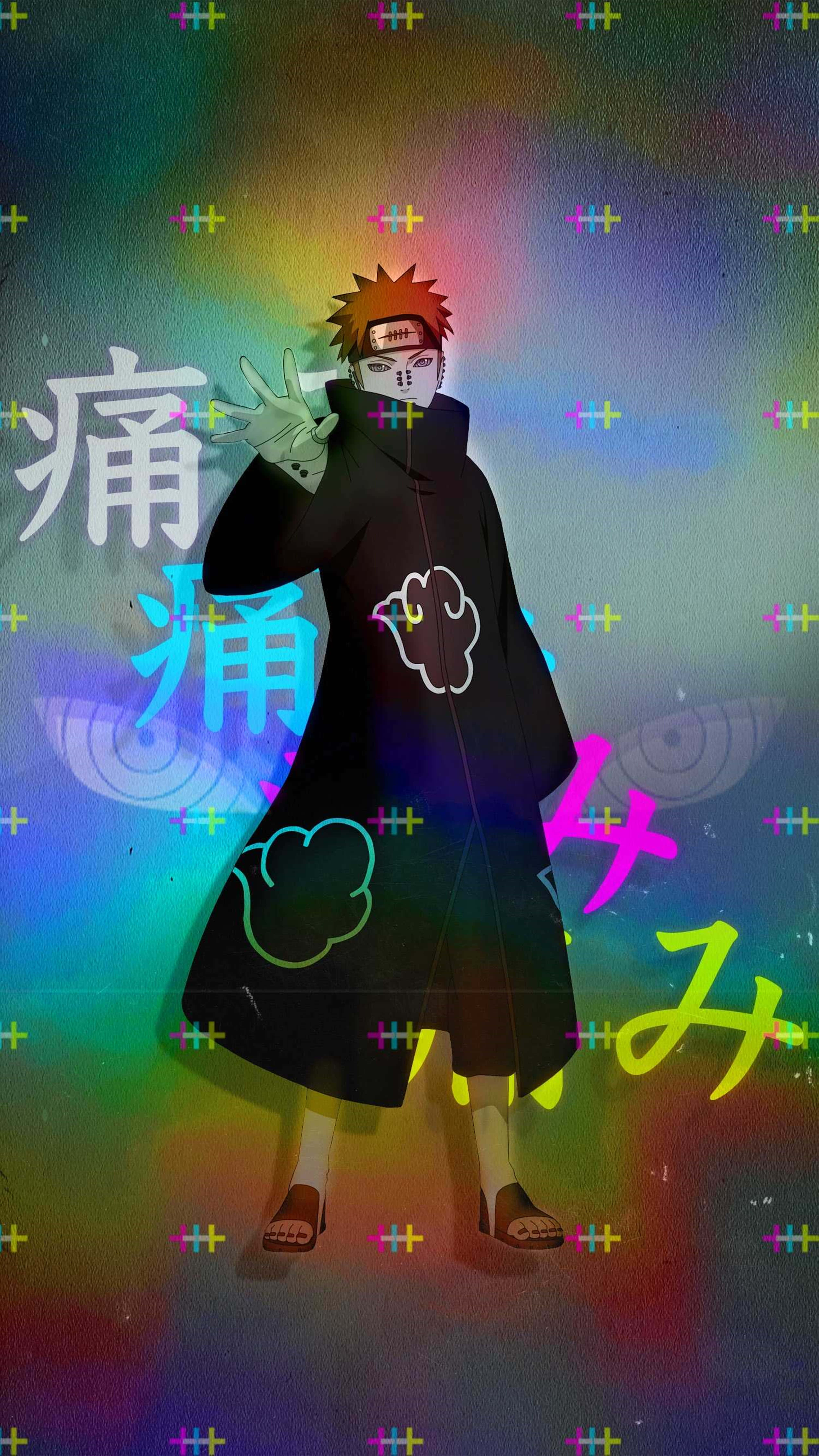 桌布 壁紙 — 動漫角色漩渦鳴人穿著帶有雲朵標誌的黑色斗篷，站在鮮豔的彩虹漸變背景前，帶有發光的日本漢字和加號。