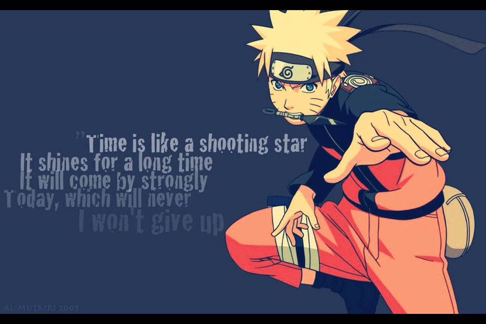 naruto quotes 桌布 壁紙 — 動漫角色漩渦鳴人穿著橙色連身衣，在深藍色背景上動態蹲下，並帶有勵志語錄文字。