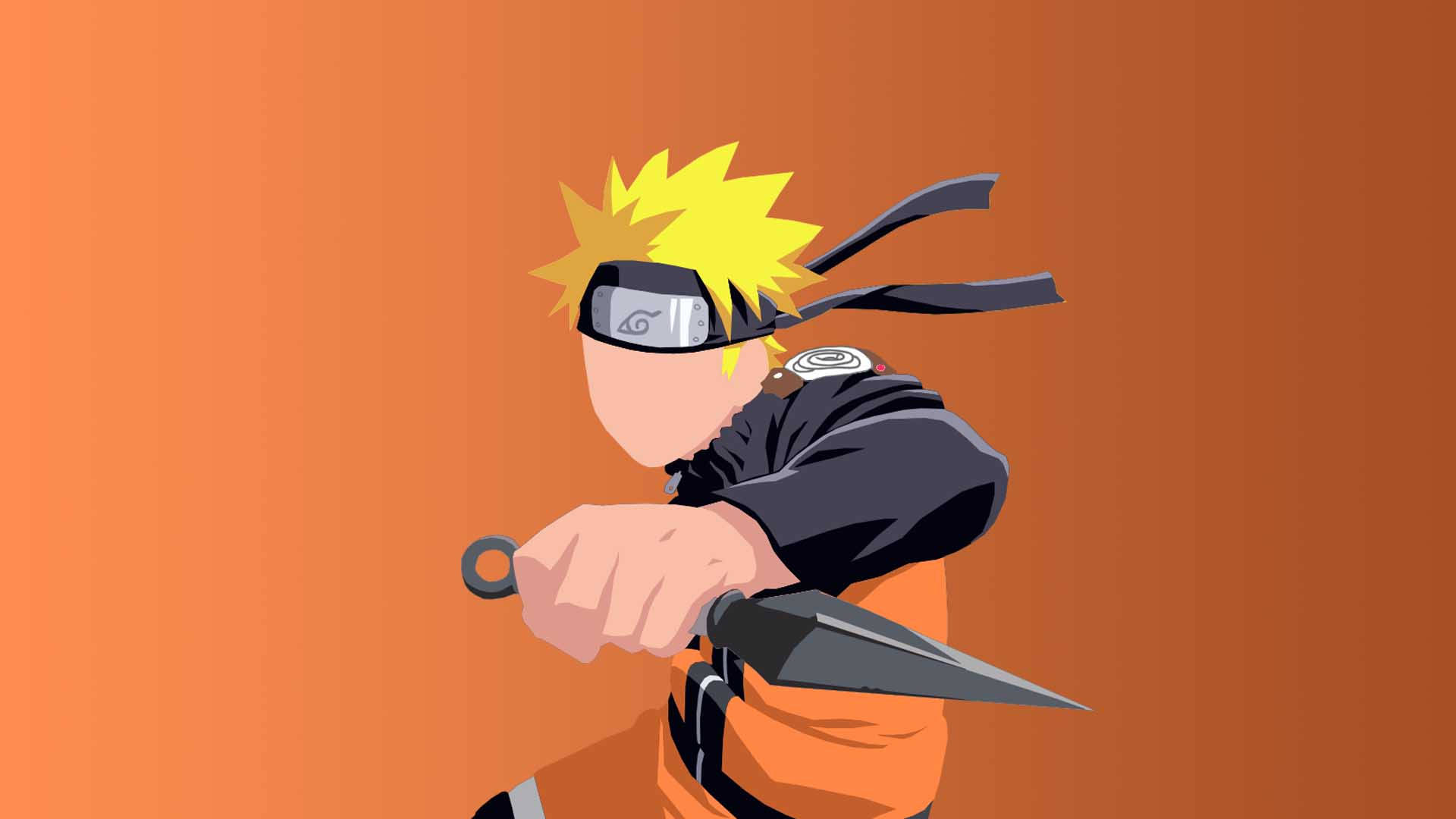 Yellow Naruto 桌布 壁紙 — 動漫角色漩渦鳴人穿著橙色連身衣和黑色頭帶，在純橙色漸變背景前手持苦無刀。