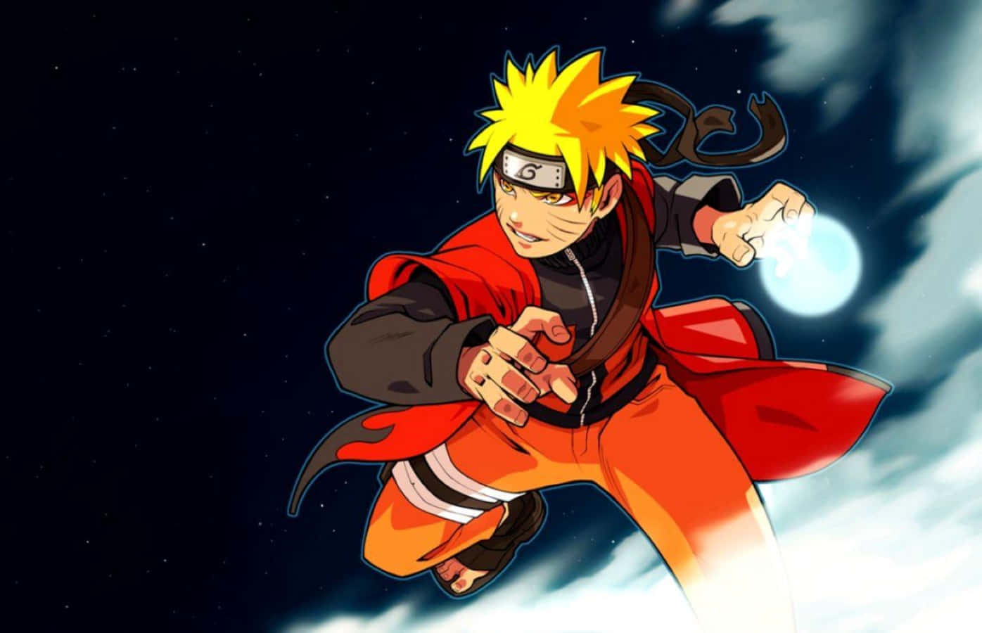 Naruto Sage Mode 桌布 壁紙 — 動漫角色漩渦鳴人穿著橙色連身衣和紅色斗篷，手持發光藍色查克拉球，躍過繁星點點的夜空。