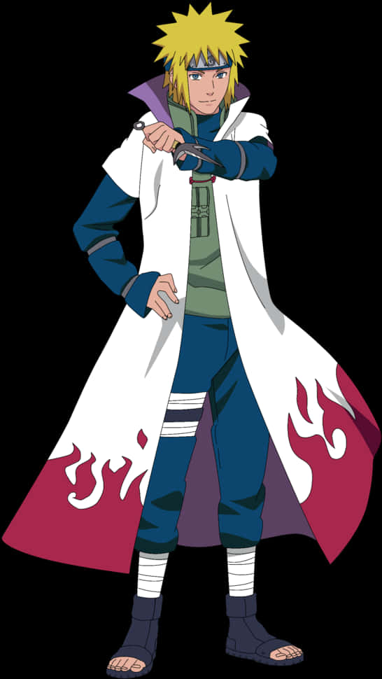 minato namikaze 桌布 壁紙 — 動漫角色漩渦鳴人穿著火影袍，手持苦無，在黑色背景下表情堅定。