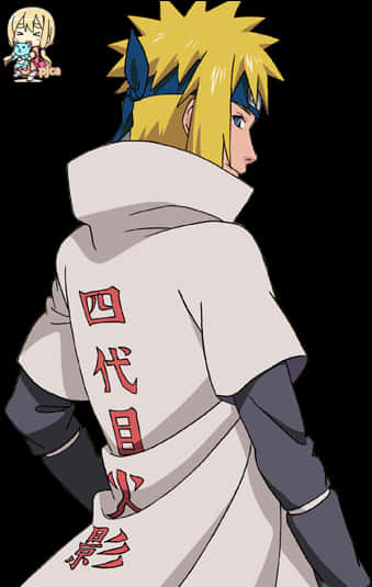minato namikaze 桌布 壁紙 — 動漫角色漩渦鳴人穿著第四代火影斗篷，側面站在黑色背景前。