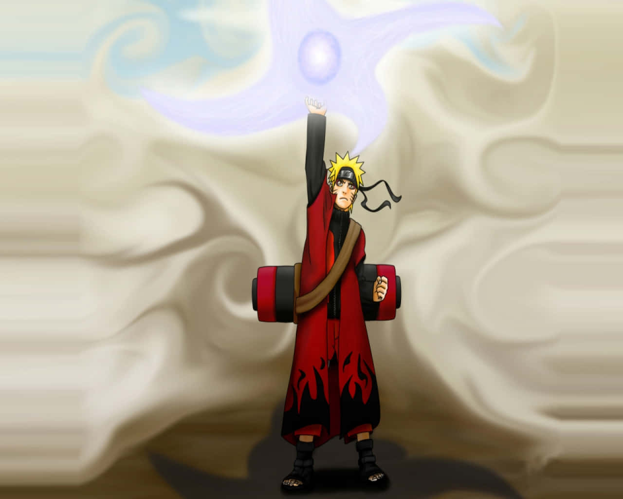 Naruto Sage Mode 桌布 壁紙 — 動漫角色漩渦鳴人穿著紅色斗篷舉起手，發光的藍色螺旋丸在他上方形成，背景是旋轉的雲層。