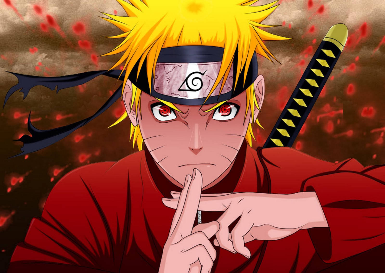 Naruto Swag 桌布 壁紙 — 動漫角色漩渦鳴人穿著紅色服裝，眼睛發出紅光，手持劍，在火熱背景下做出噤聲手勢。