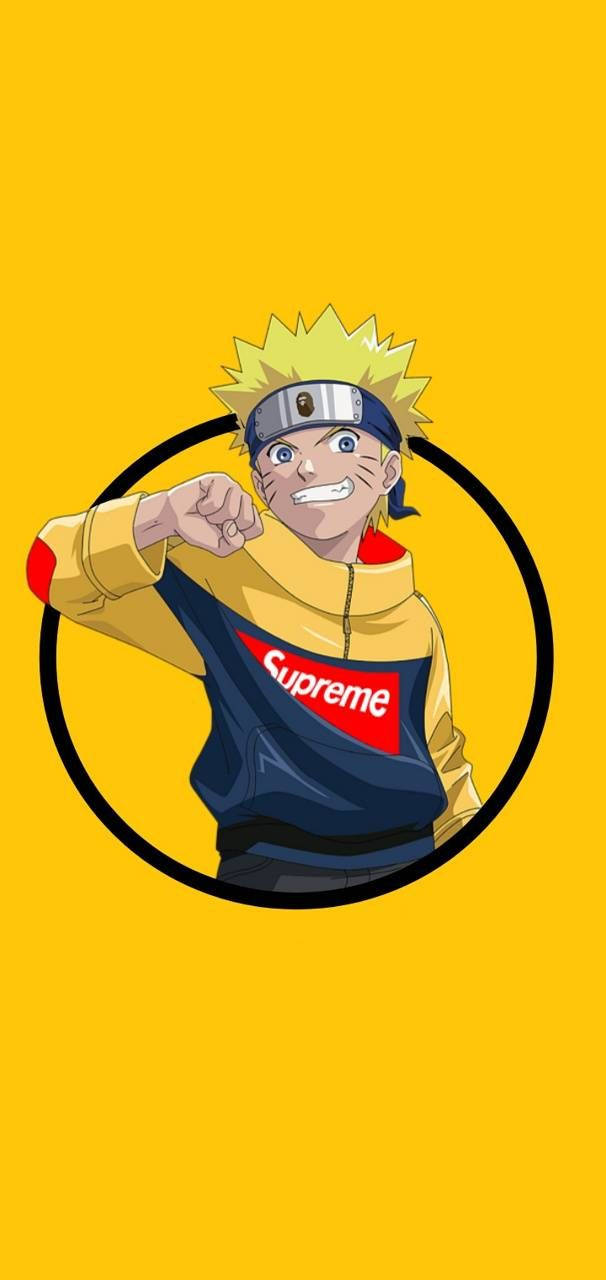 Yellow Naruto 桌布 壁紙 — 動漫角色漩渦鳴人穿著黃色連帽衫，帶有紅色Supreme標誌，在黑色圓圈內自信地擺姿勢，背景為純黃色。