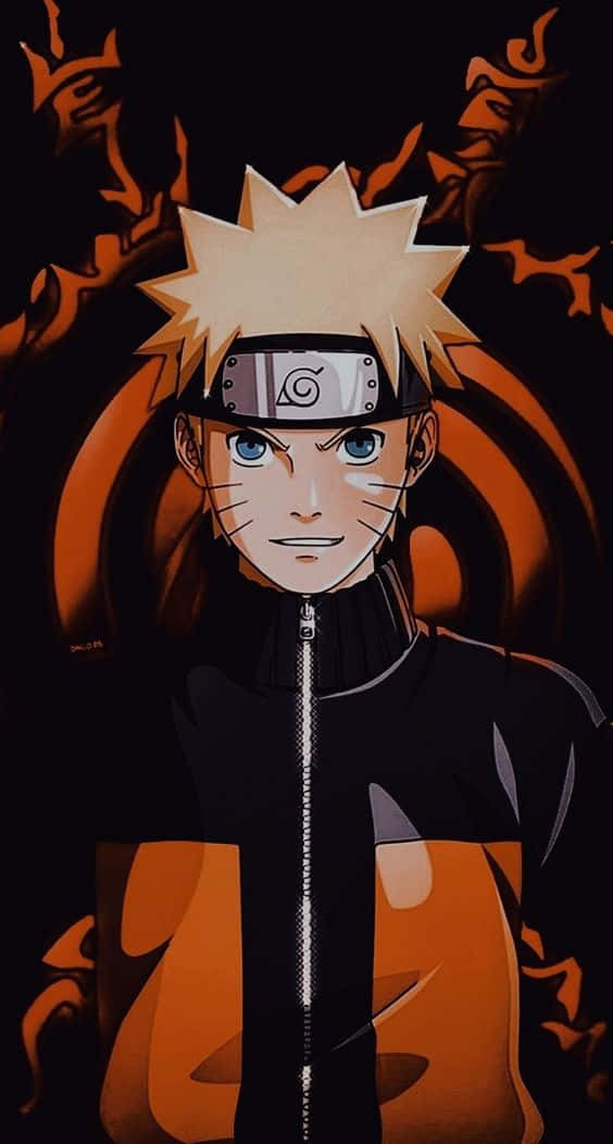 Naruto Eyes 桌布 壁紙 — 動漫角色漩渦鳴人穿著黑色和橙色外套，身後有旋轉的橙色查克拉，背景為深色。